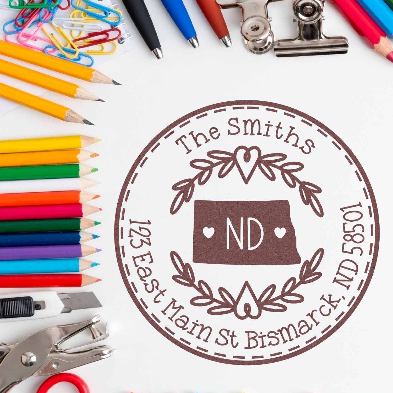 Wooden Handle Round North Dakota State Wreath New Address Rubber Stamp - Engineer Seal Stamps