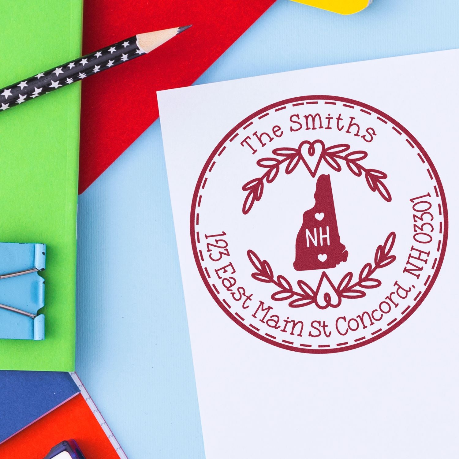 Self-Inking Round New Hampshire State Wreath Custom-Made Mailing Rubber Stamp - Engineer Seal Stamps