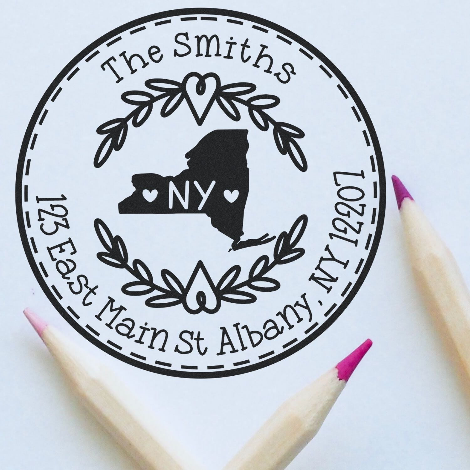 Self-Inking Round New York State Wreath Custom-Made Name and Address Rubber Stamp - Engineer Seal Stamps