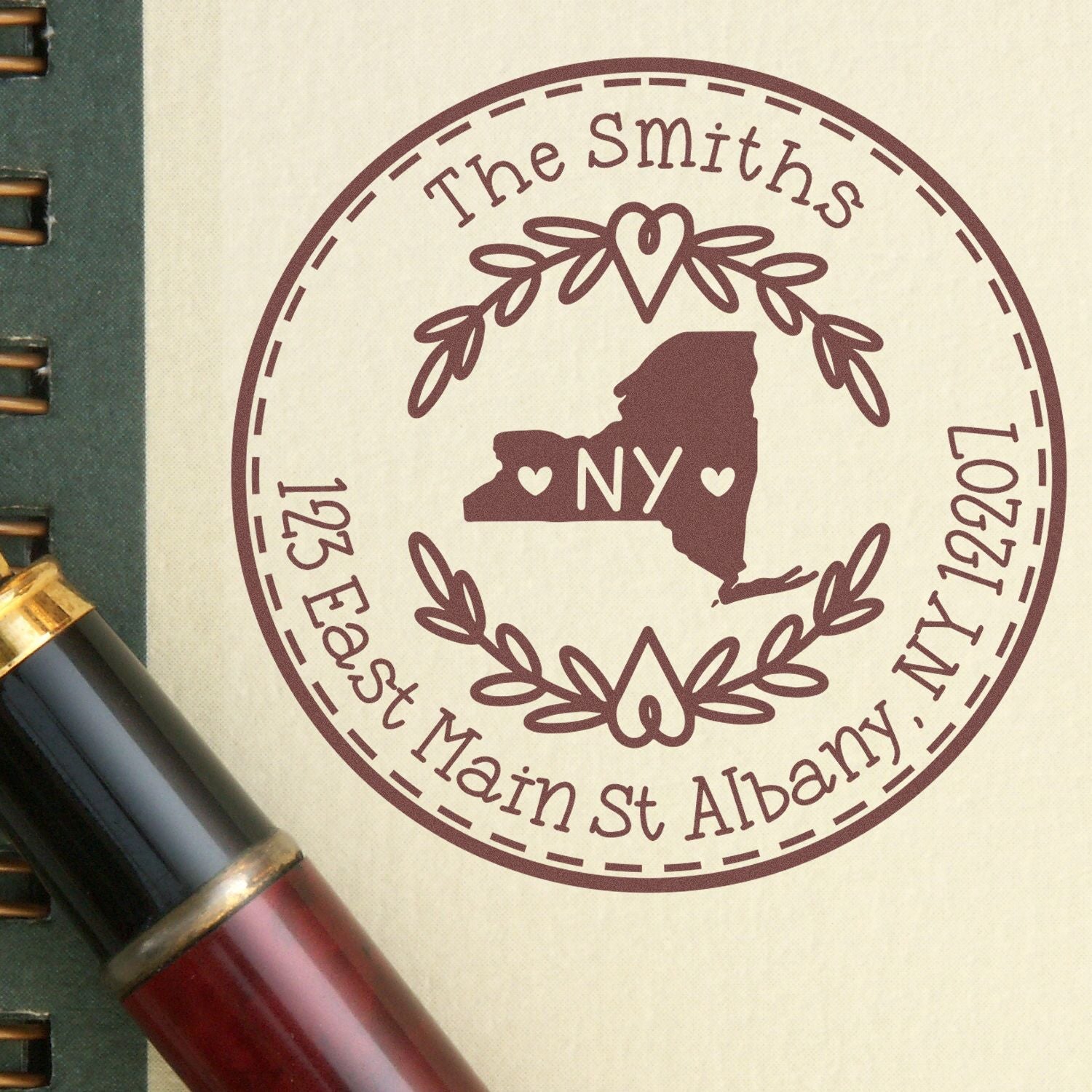 Self-Inking Round New York State Wreath Custom-Made Name and Address Rubber Stamp - Engineer Seal Stamps