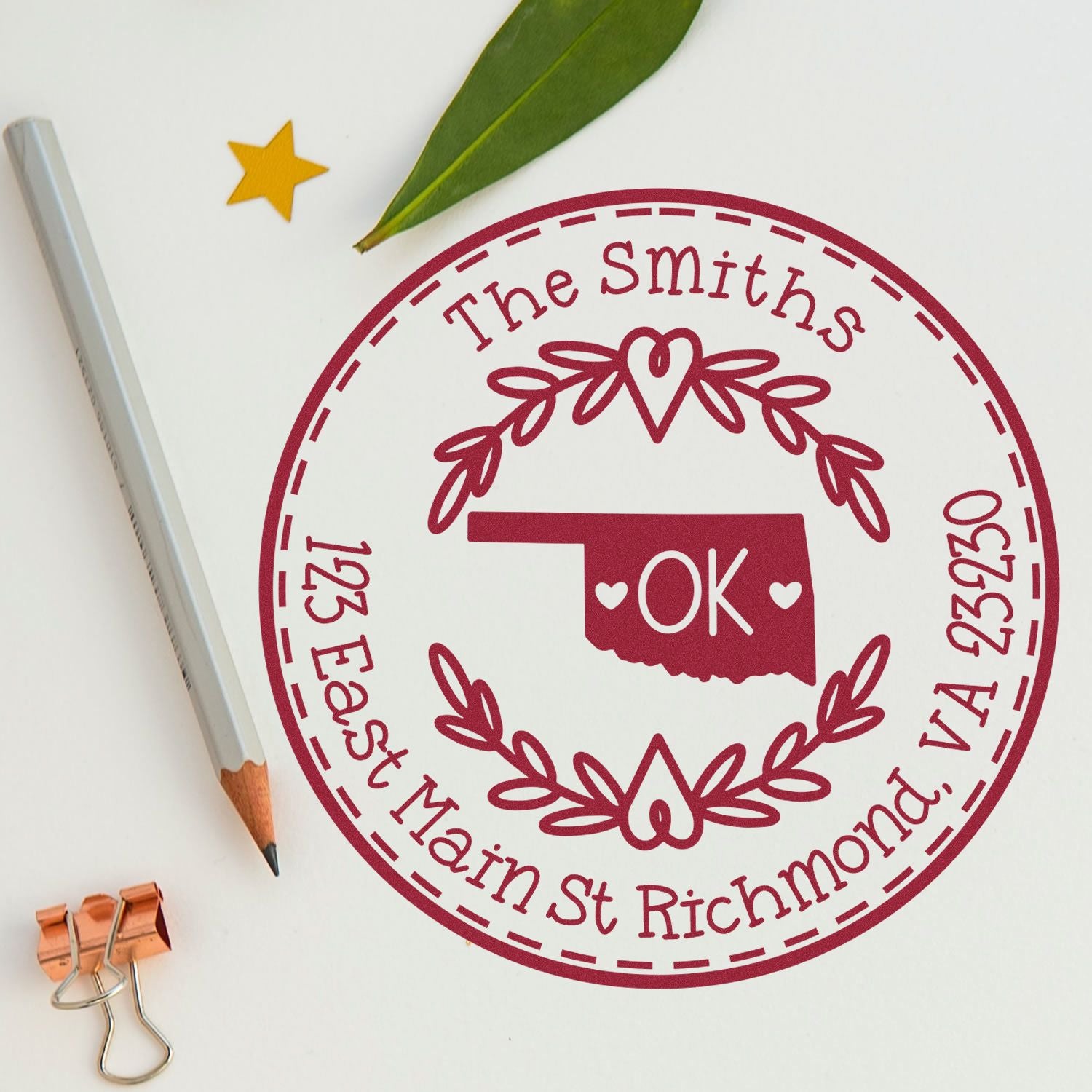Wooden Handle Round Oklahoma State Wreath New Address Rubber Stamp - Engineer Seal Stamps