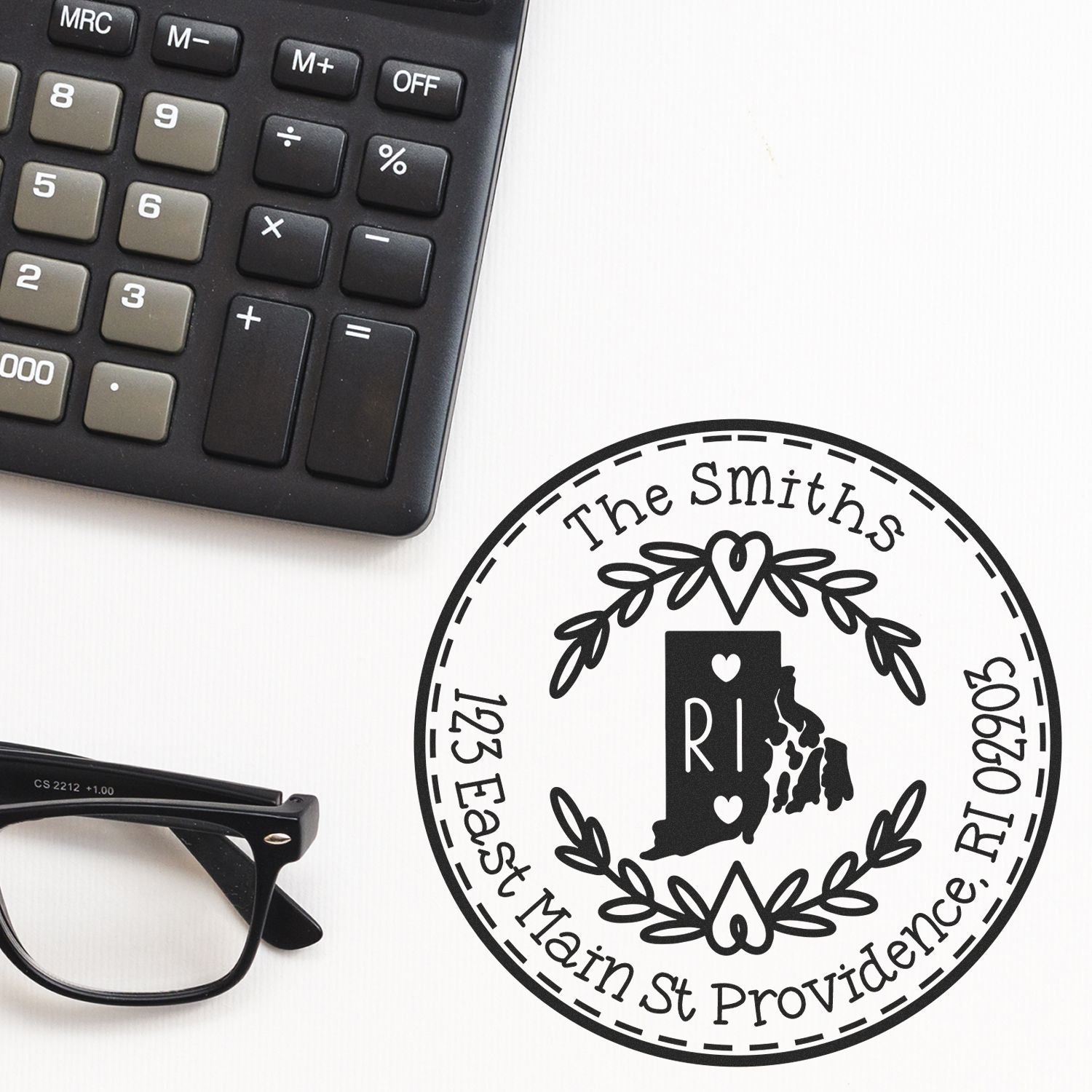 Round PSI Rhode Island State Wreath Custom-Made Address Return Pre-Inked Stamp - Engineer Seal Stamps