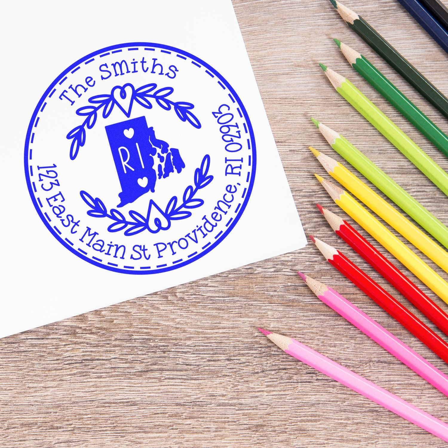 Round PSI Rhode Island State Wreath Custom-Made Address Return Pre-Inked Stamp - Engineer Seal Stamps