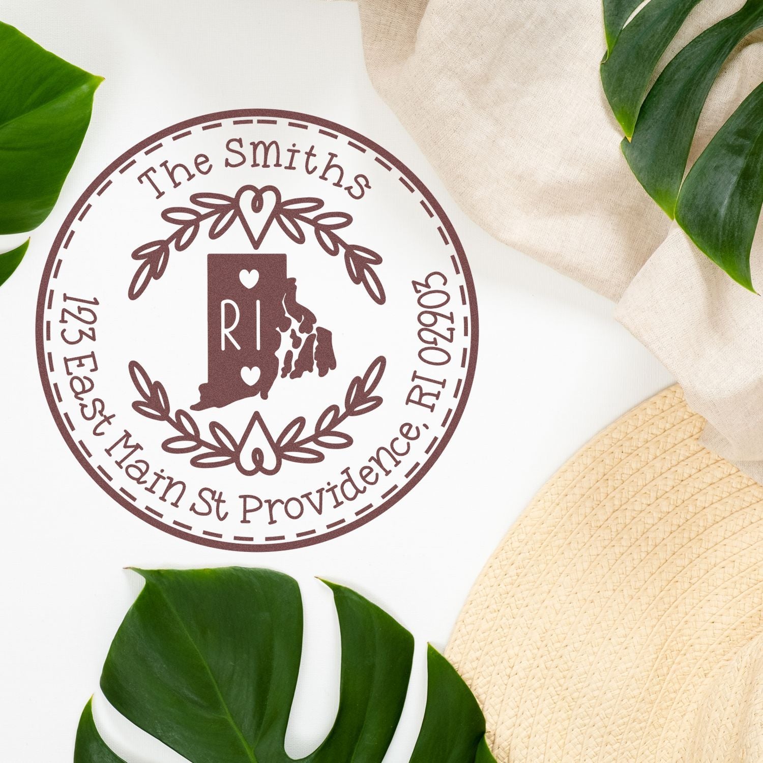 Round PSI Rhode Island State Wreath Custom-Made Address Return Pre-Inked Stamp - Engineer Seal Stamps