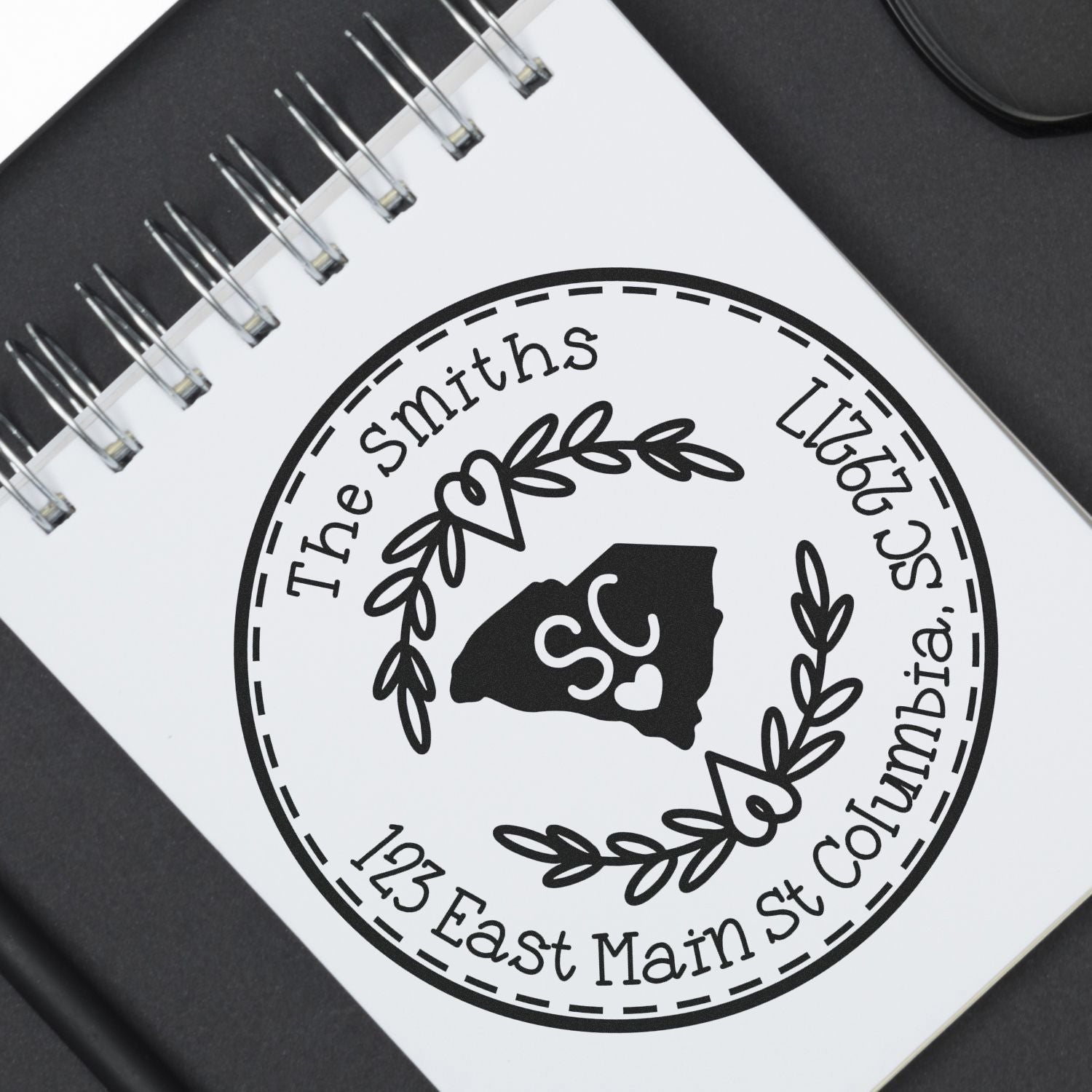 Wooden Handle Round South Carolina State Wreath Personalized Address Label Rubber Stamp - Engineer Seal Stamps