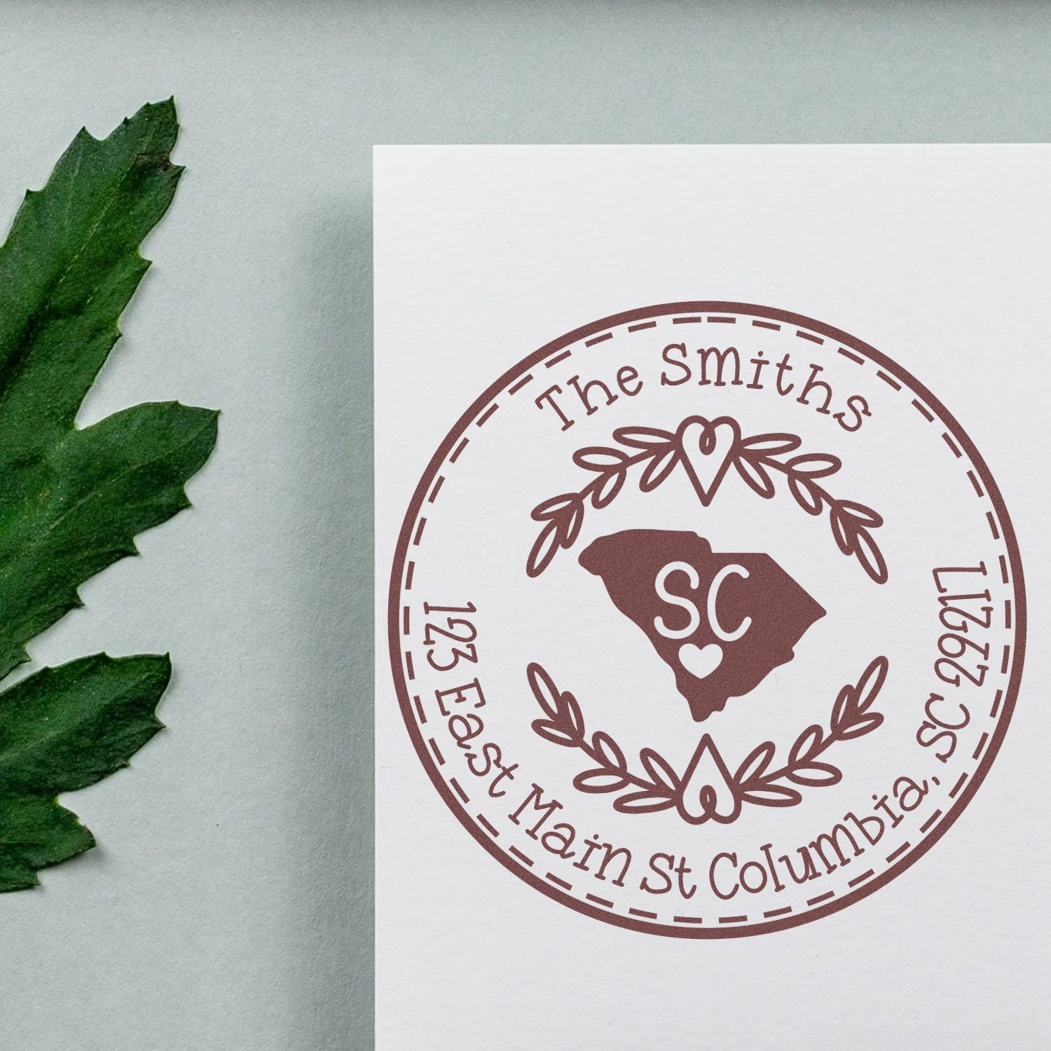 Wooden Handle Round South Carolina State Wreath Personalized Address Label Rubber Stamp - Engineer Seal Stamps
