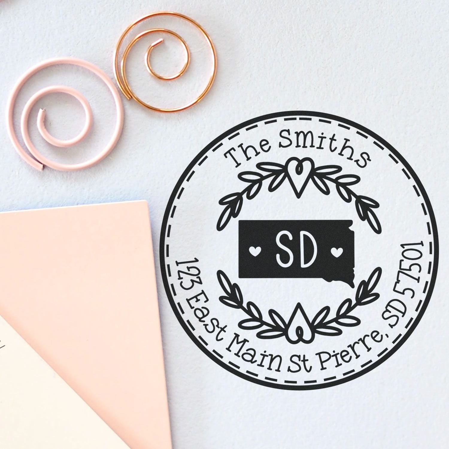 Self-Inking Round South Dakota State Wreath Custom-Made Return Address Rubber Stamp - Engineer Seal Stamps