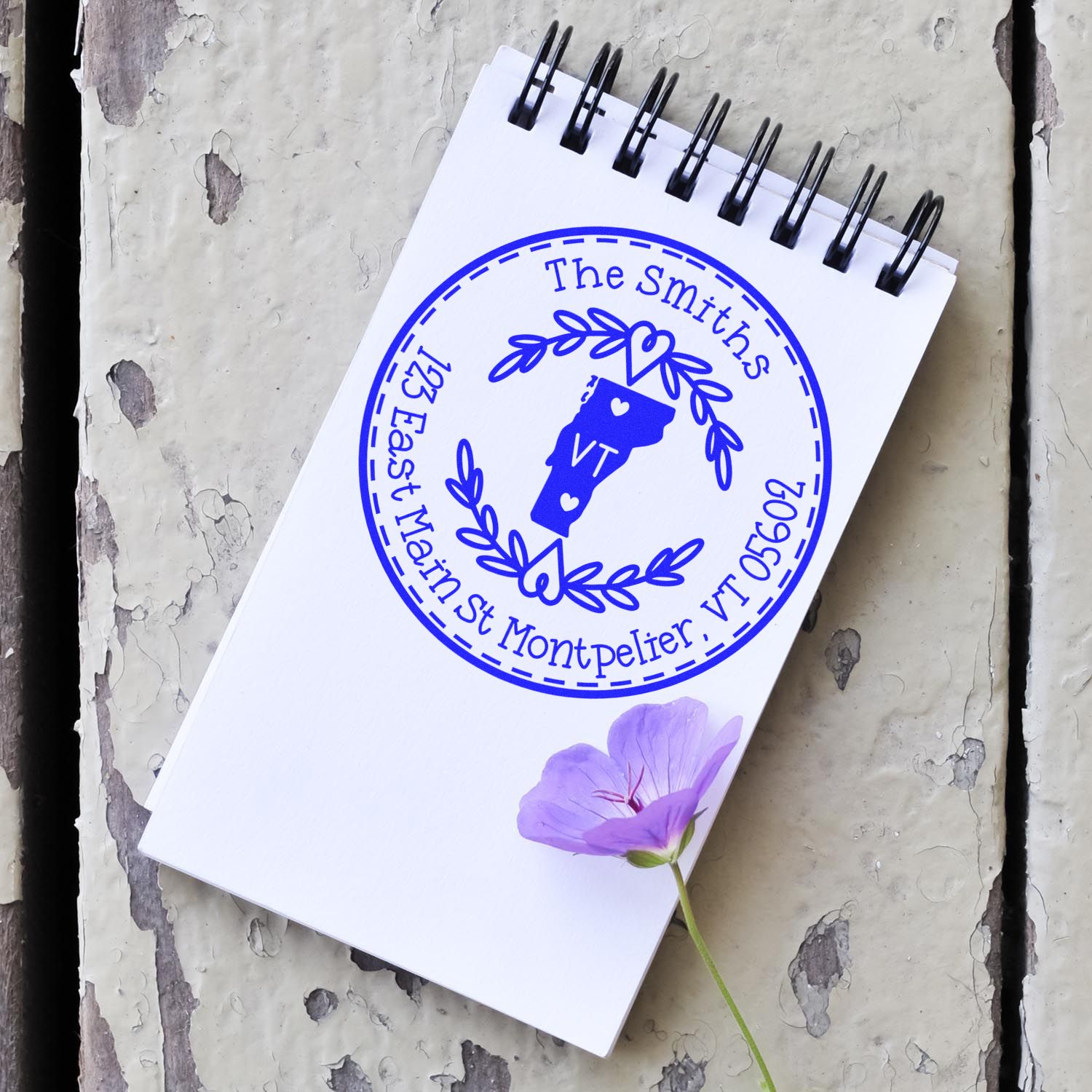 Wooden Handle Round Vermont State Wreath Personalized Address Return Rubber Stamp - Engineer Seal Stamps