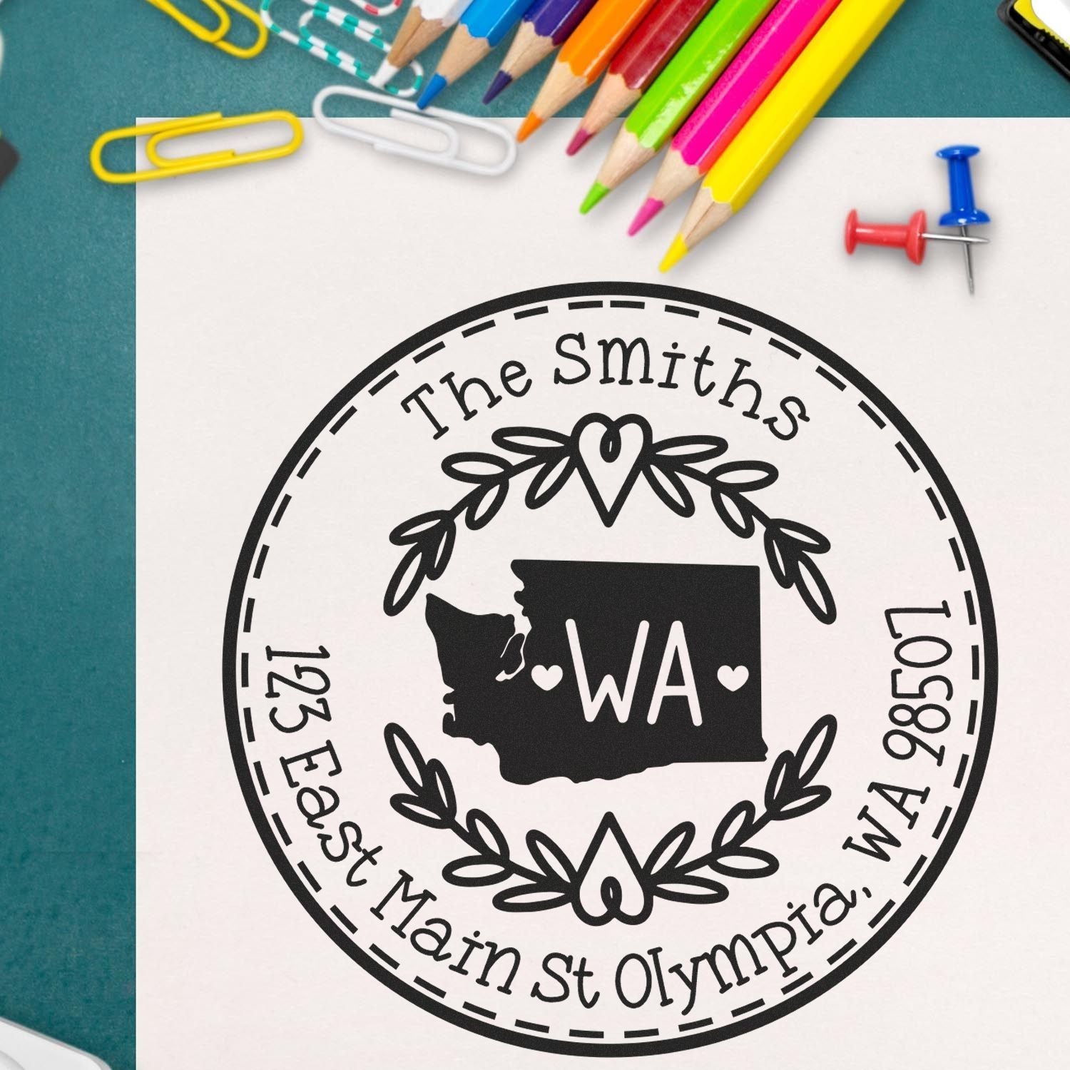 Round PSI Washington State Wreath Custom-Made Home Address For Envelopes Stamper - Engineer Seal Stamps
