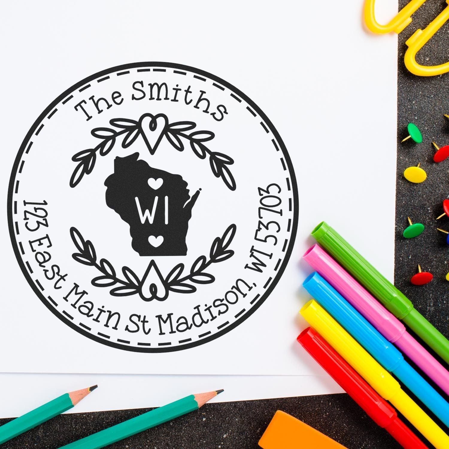 Wooden Handle Round Wisconsin State Wreath Personalized Home Address For Envelopes Rubber Stamp - Engineer Seal Stamps