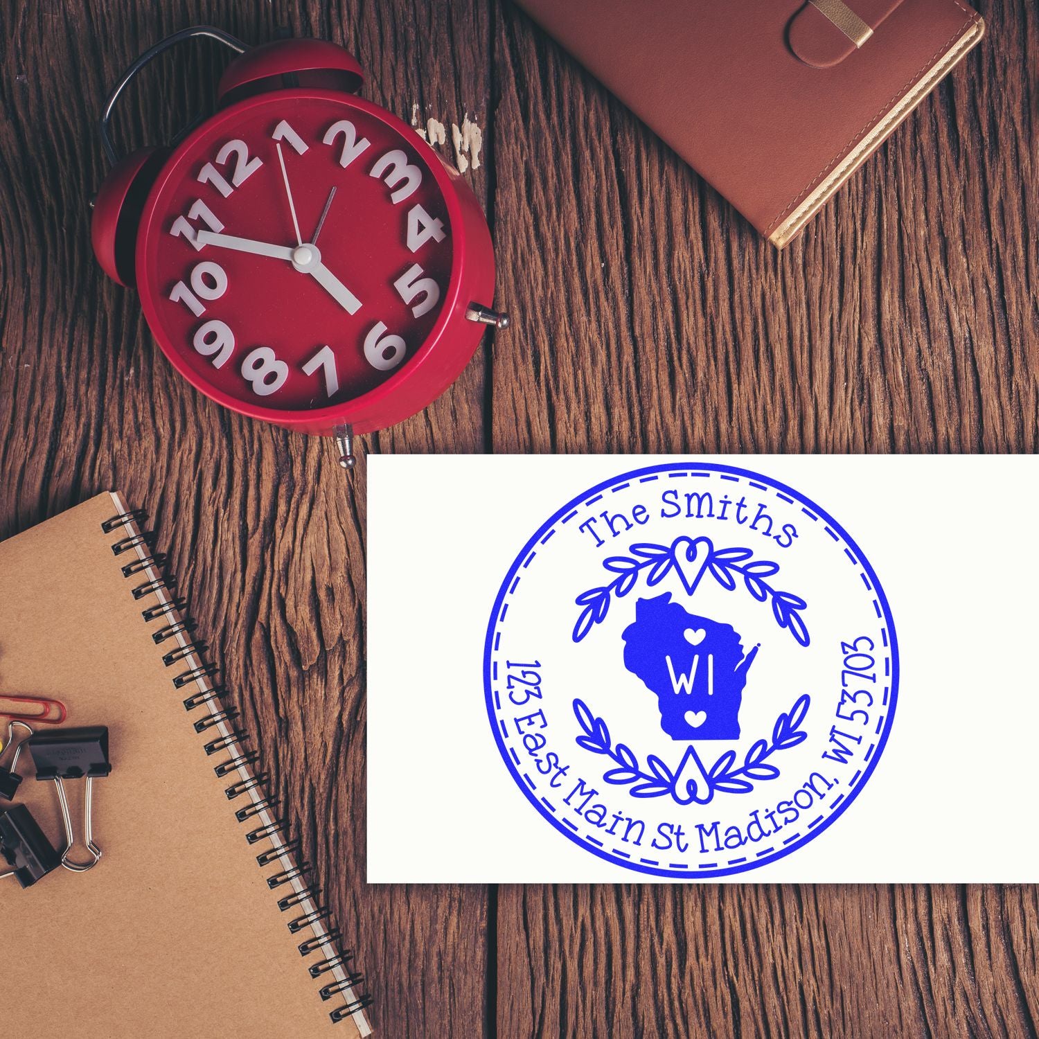 Slim Wisconsin State Wreath Customized Mailing Address Pre-Inked Stamp - Engineer Seal Stamps