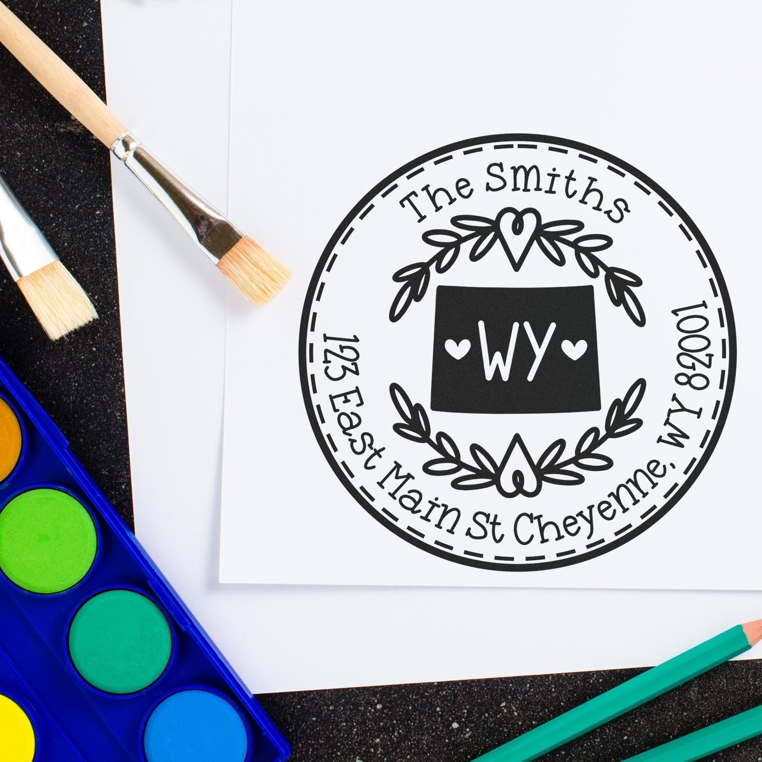 Wooden Handle Round Wyoming State Wreath Personalized Home Address For Envelopes Stamp - Engineer Seal Stamps