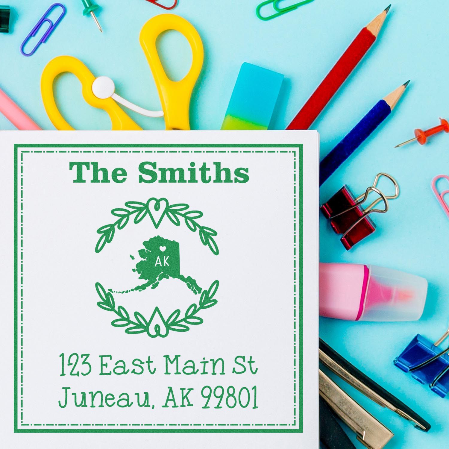 Wood Handle Alaska State Wreath Customizable Address Label Stamper - Engineer Seal Stamps