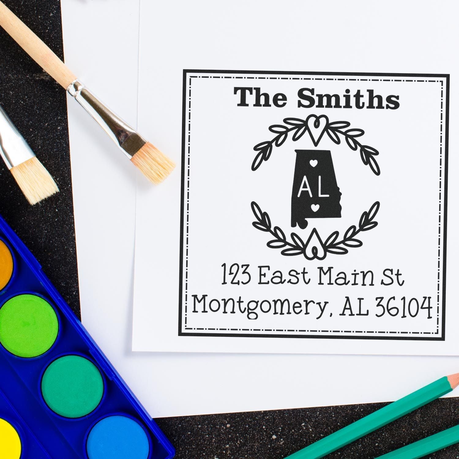 Wood Handle Alabama State Wreath Customizable Address Label Stamp - Engineer Seal Stamps