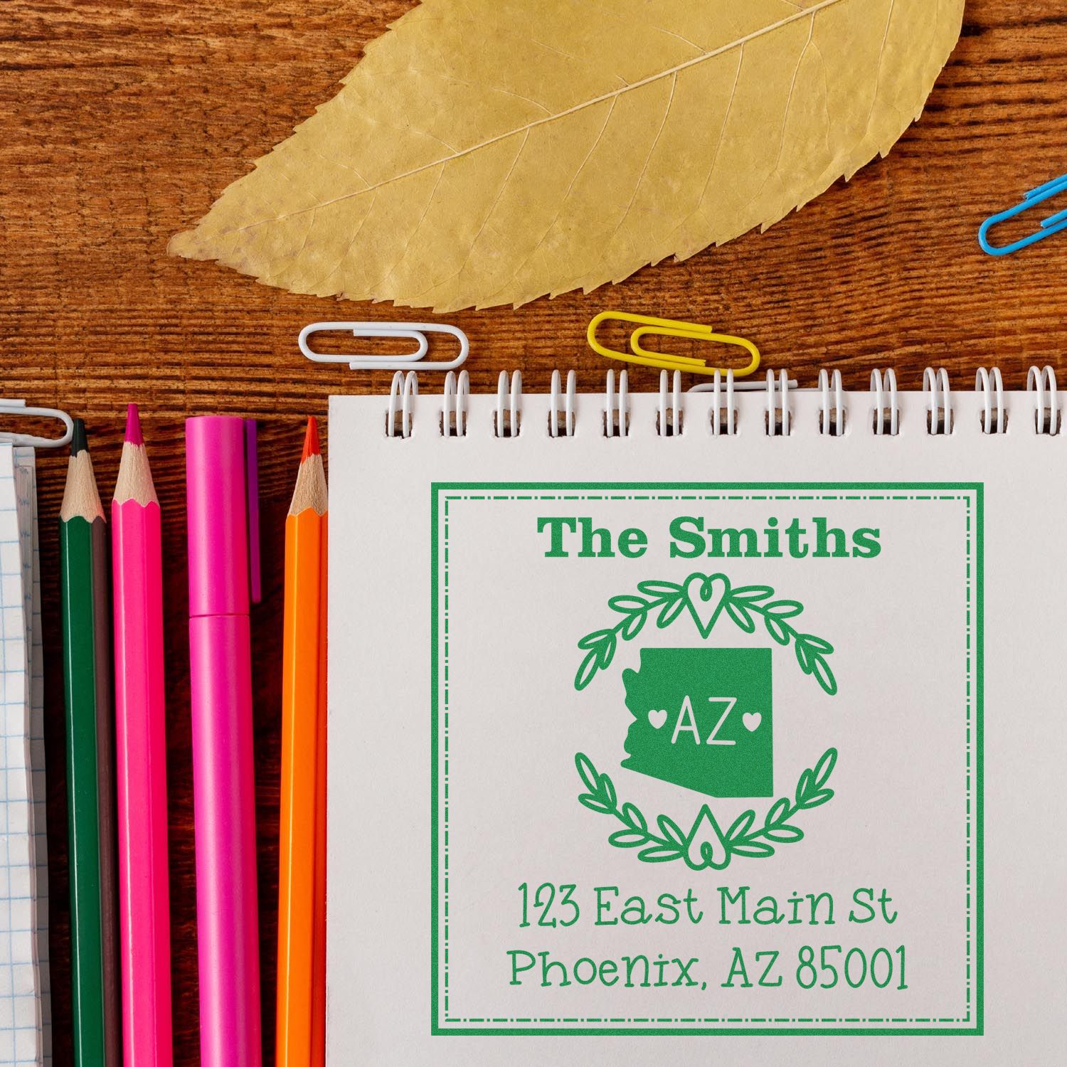Wood Handle Arizona State Wreath Customizable Address Label Rubber Stamp - Engineer Seal Stamps
