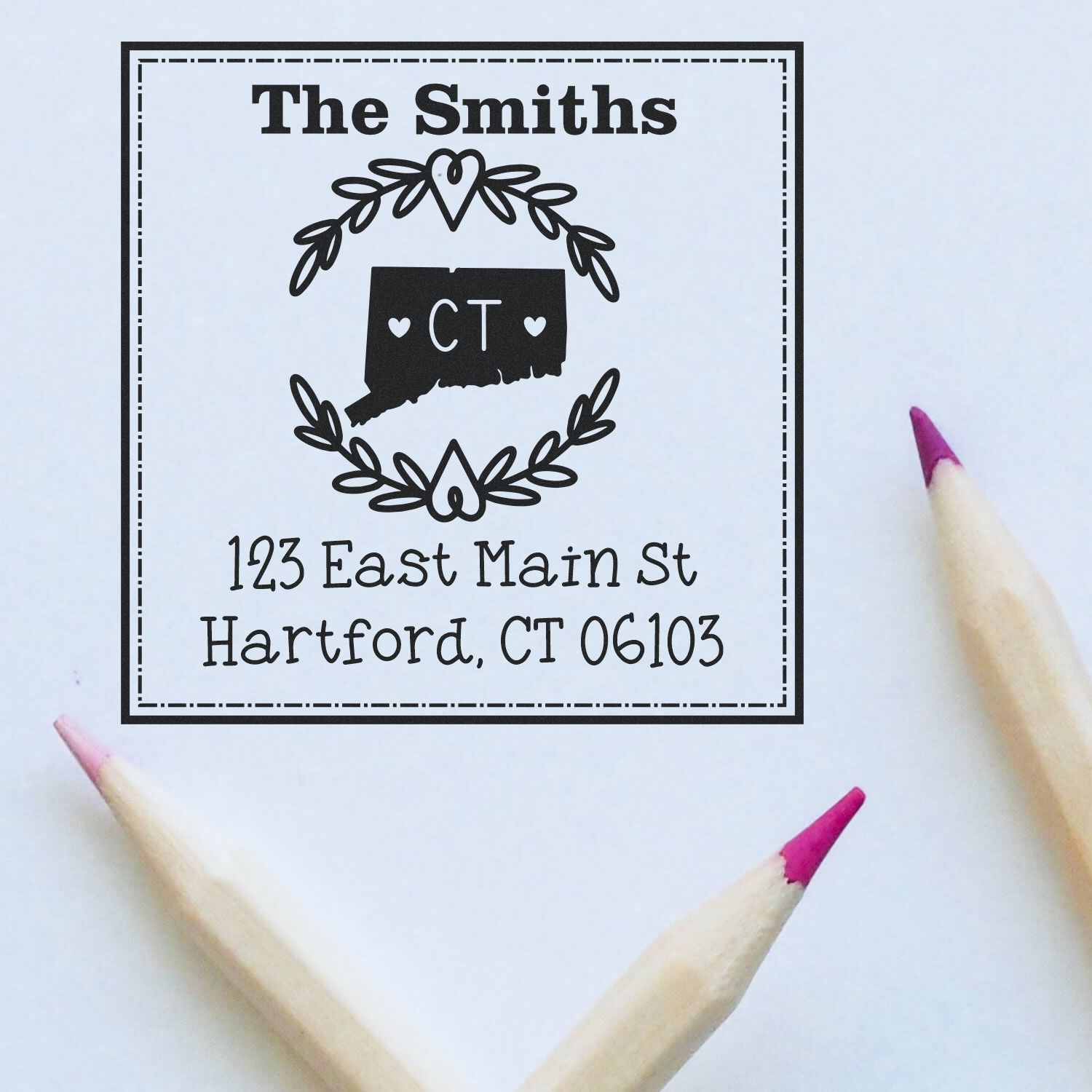 Wood Handle Connecticut State Wreath Custom-Made Return Address Stamp - Engineer Seal Stamps