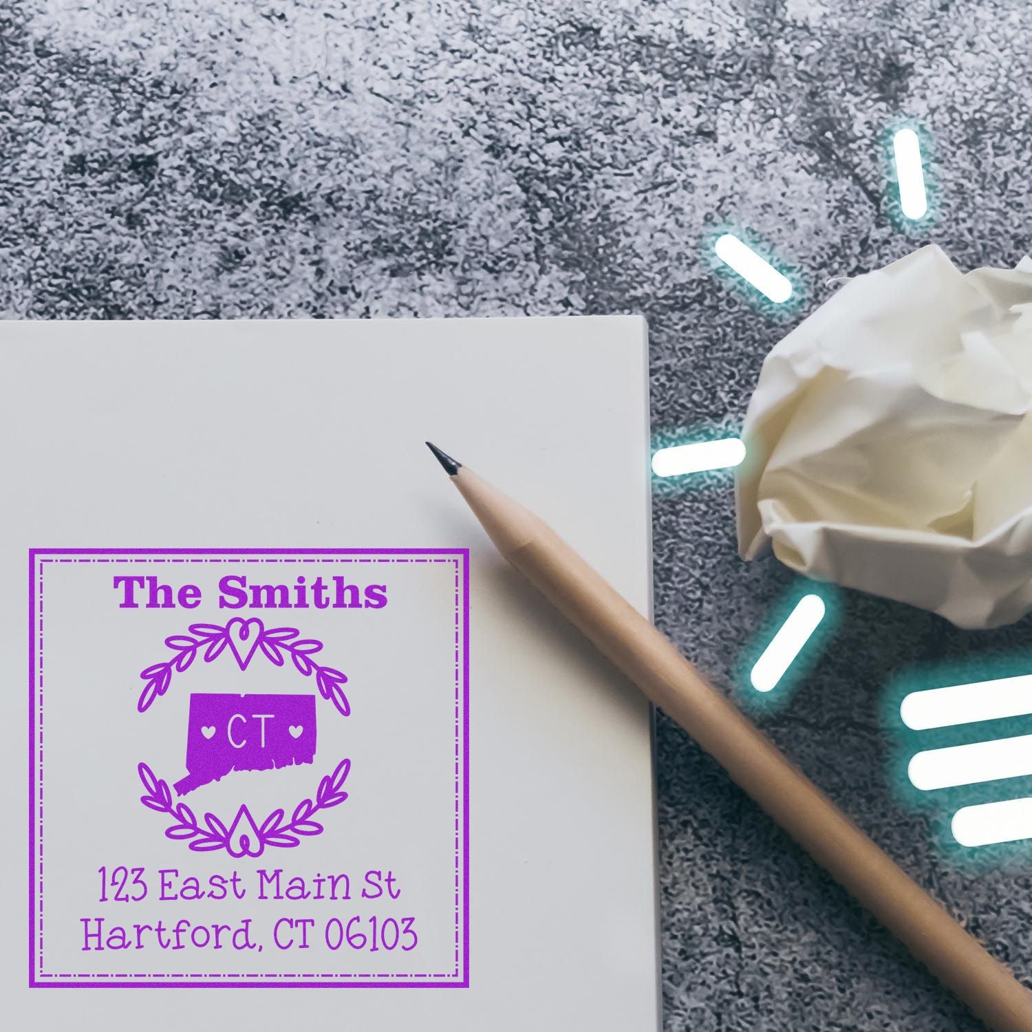 Wood Handle Connecticut State Wreath Custom-Made Return Address Stamp - Engineer Seal Stamps