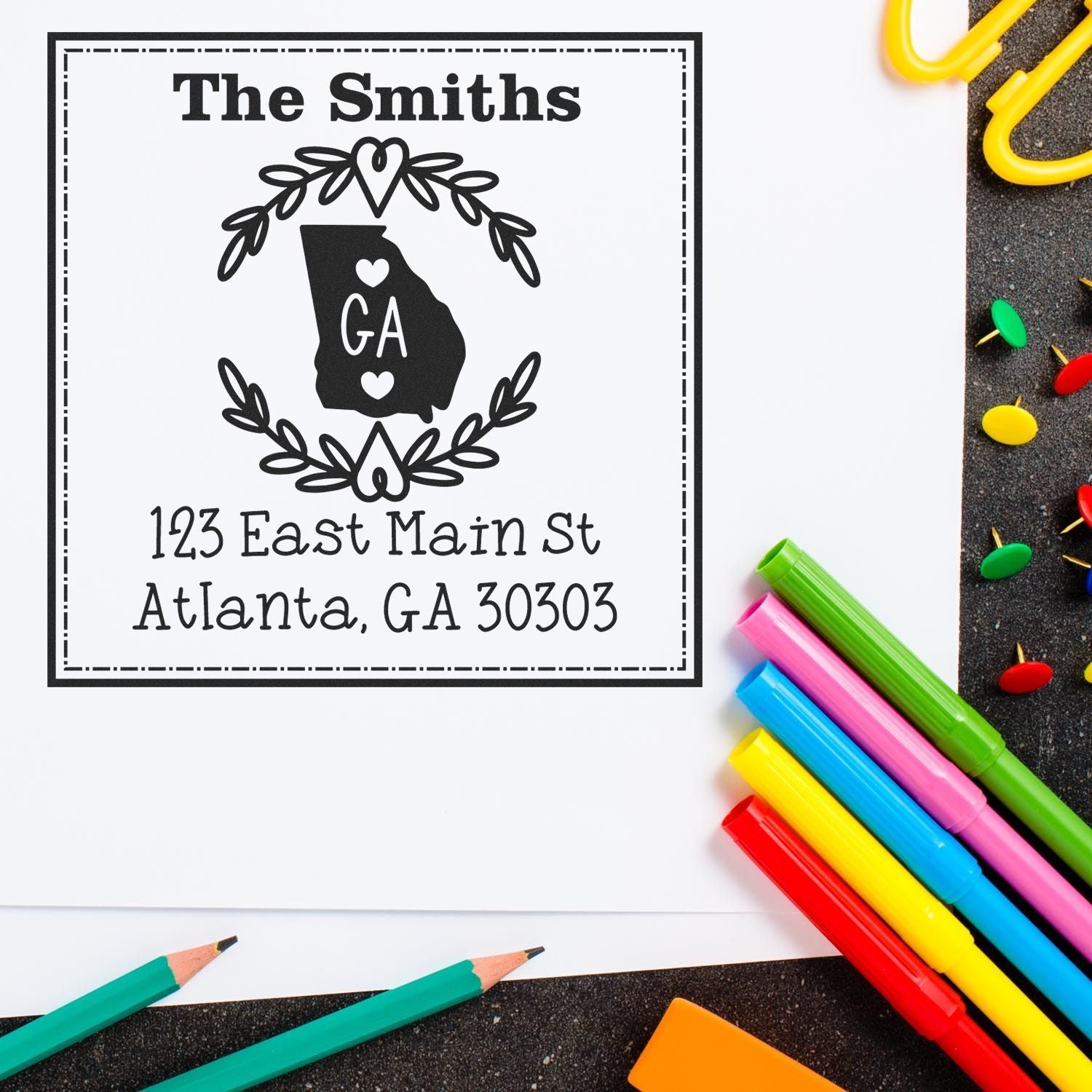 Wood Handle Georgia State Wreath Custom-Made Name and Address Stamp - Engineer Seal Stamps