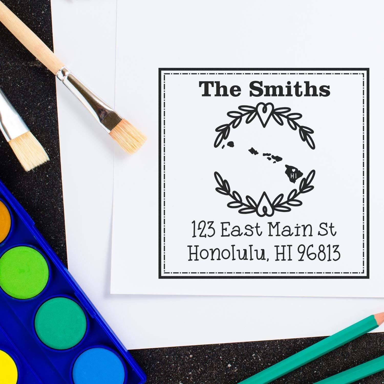 Wood Handle Hawaii State Wreath Custom-Made Name and Address Stamper - Engineer Seal Stamps
