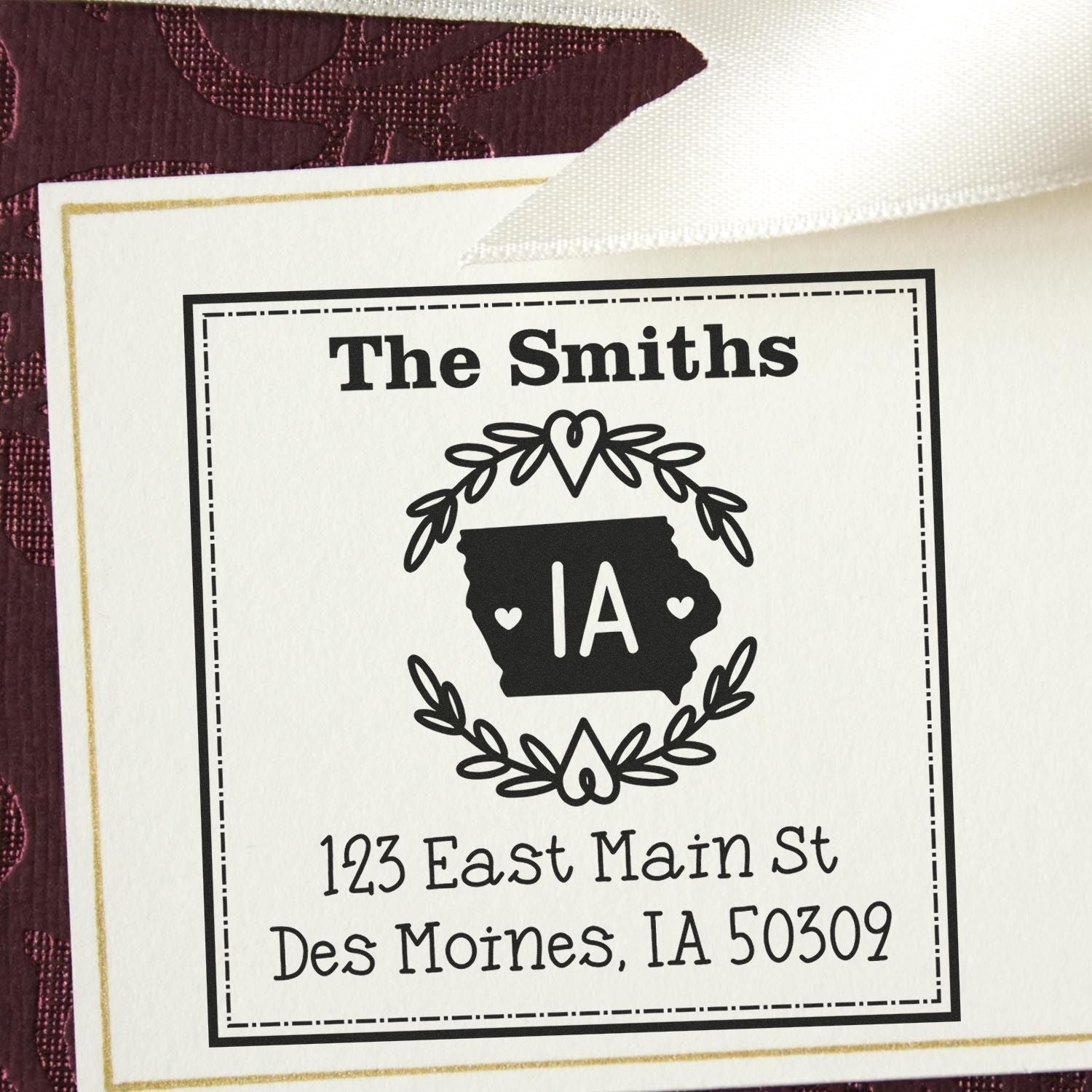 Slim Iowa State Wreath Custom-Made Home Address for Envelopes Pre-Inked Stamp - Engineer Seal Stamps