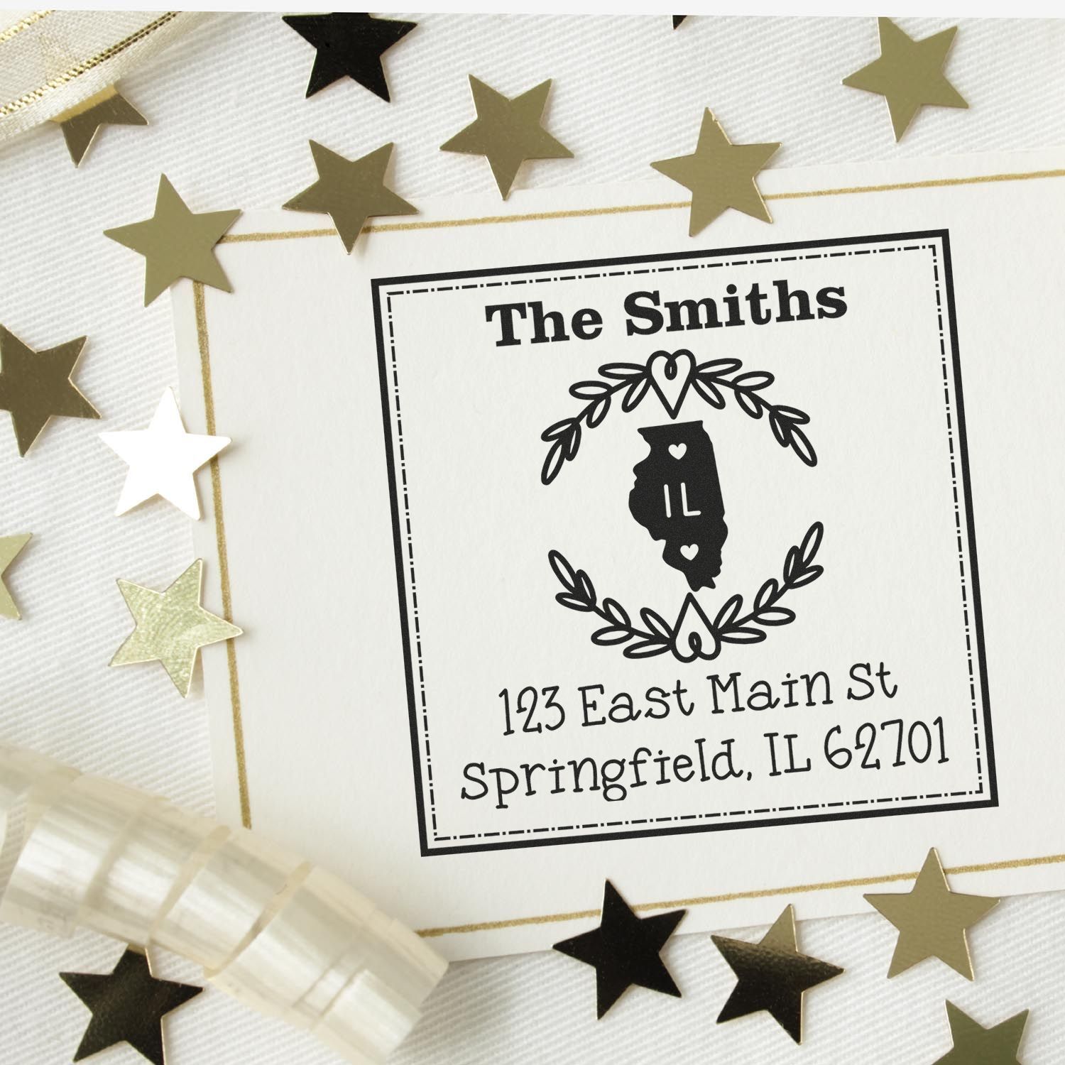 Custom black-and-white address stamp and seal for The Smiths, with Illinois silhouette and gold and black star confetti.