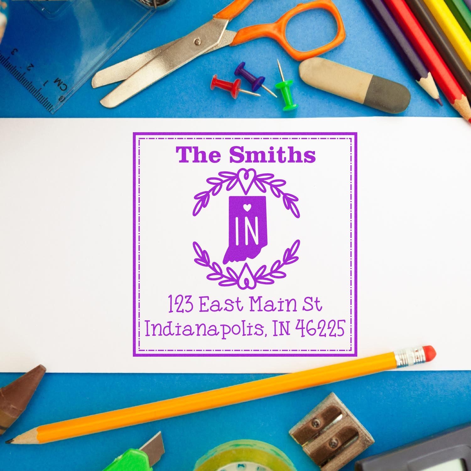 Slim Indiana State Wreath Custom-Made Home Address for Envelopes Stamper - Engineer Seal Stamps