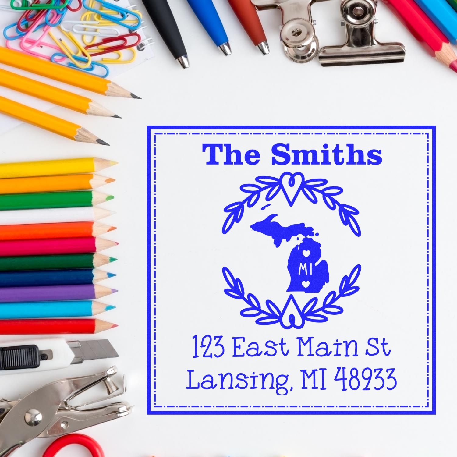 PSI Pre-Inked Michigan State Wreath Custom-Made Home Address for Envelopes Stamper - Engineer Seal Stamps