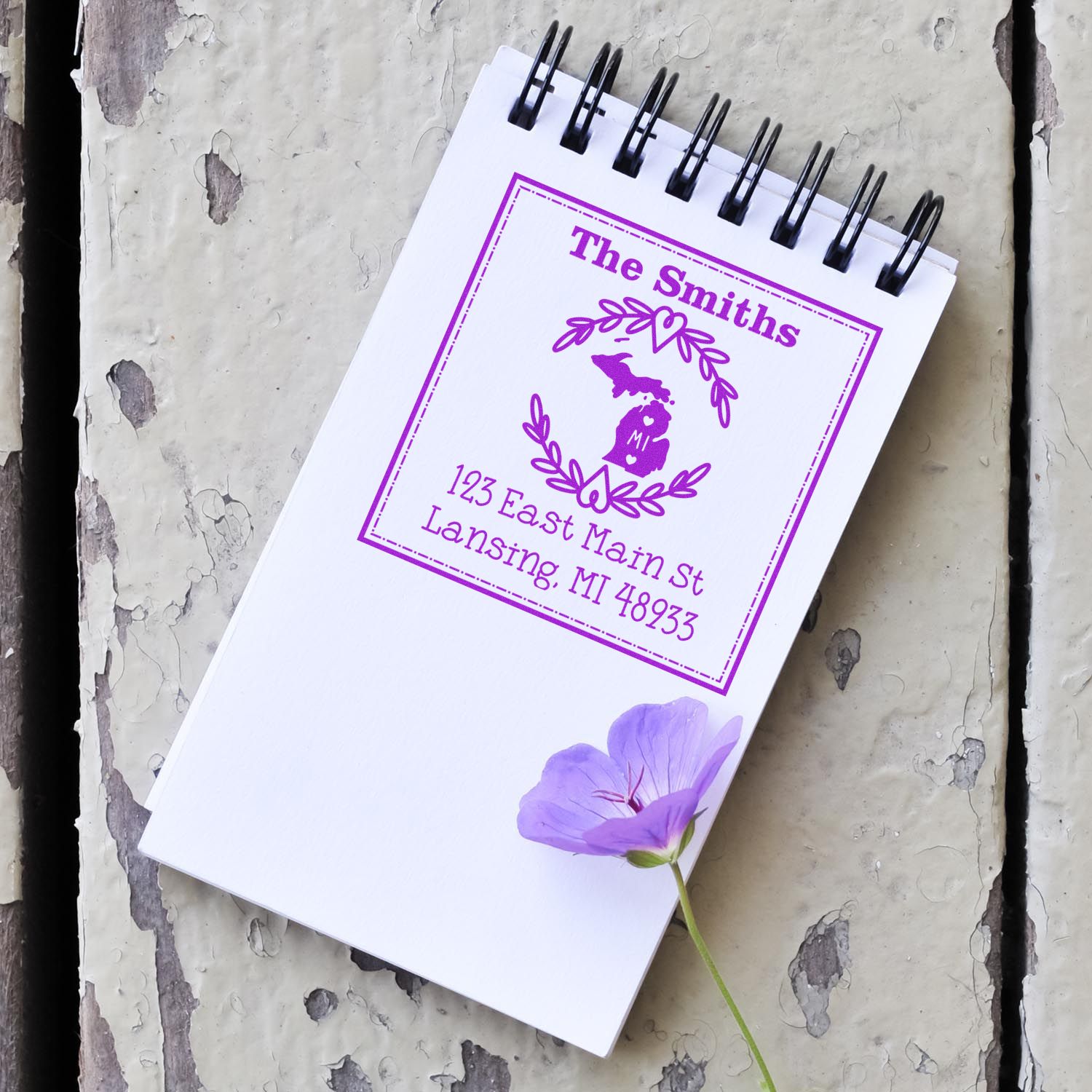 Slim Michigan State Wreath Personalized Return Address Stamp - Engineer Seal Stamps