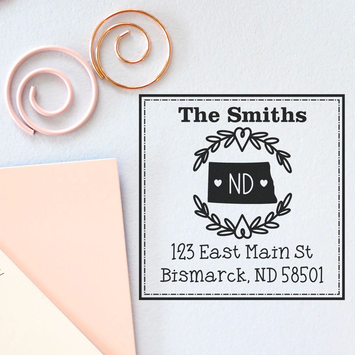 Slim North Dakota State Wreath Personalized Home Address Stamp - Engineer Seal Stamps