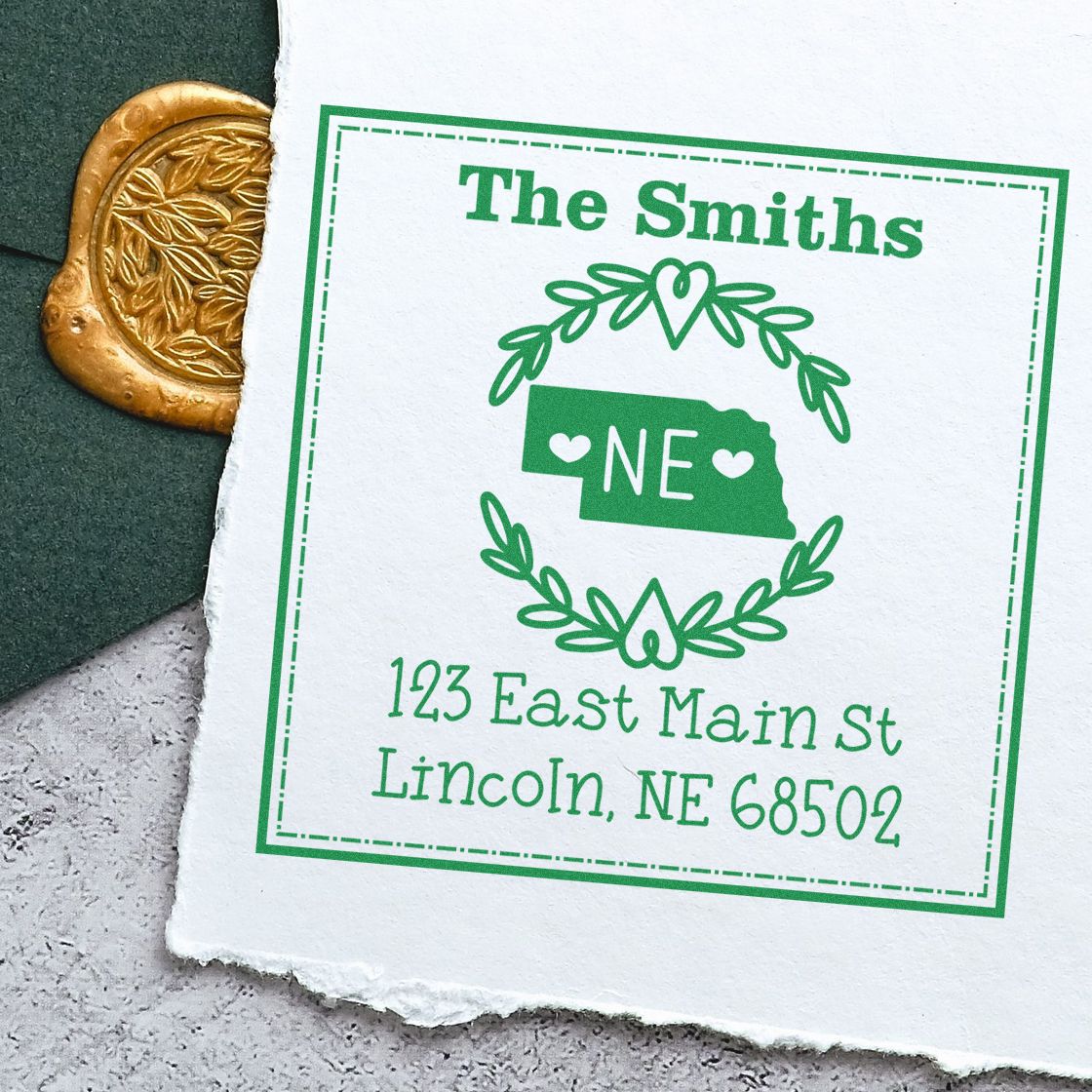 Wood Handle Nebraska State Wreath Custom-Made Address Return Rubber Stamp - Engineer Seal Stamps