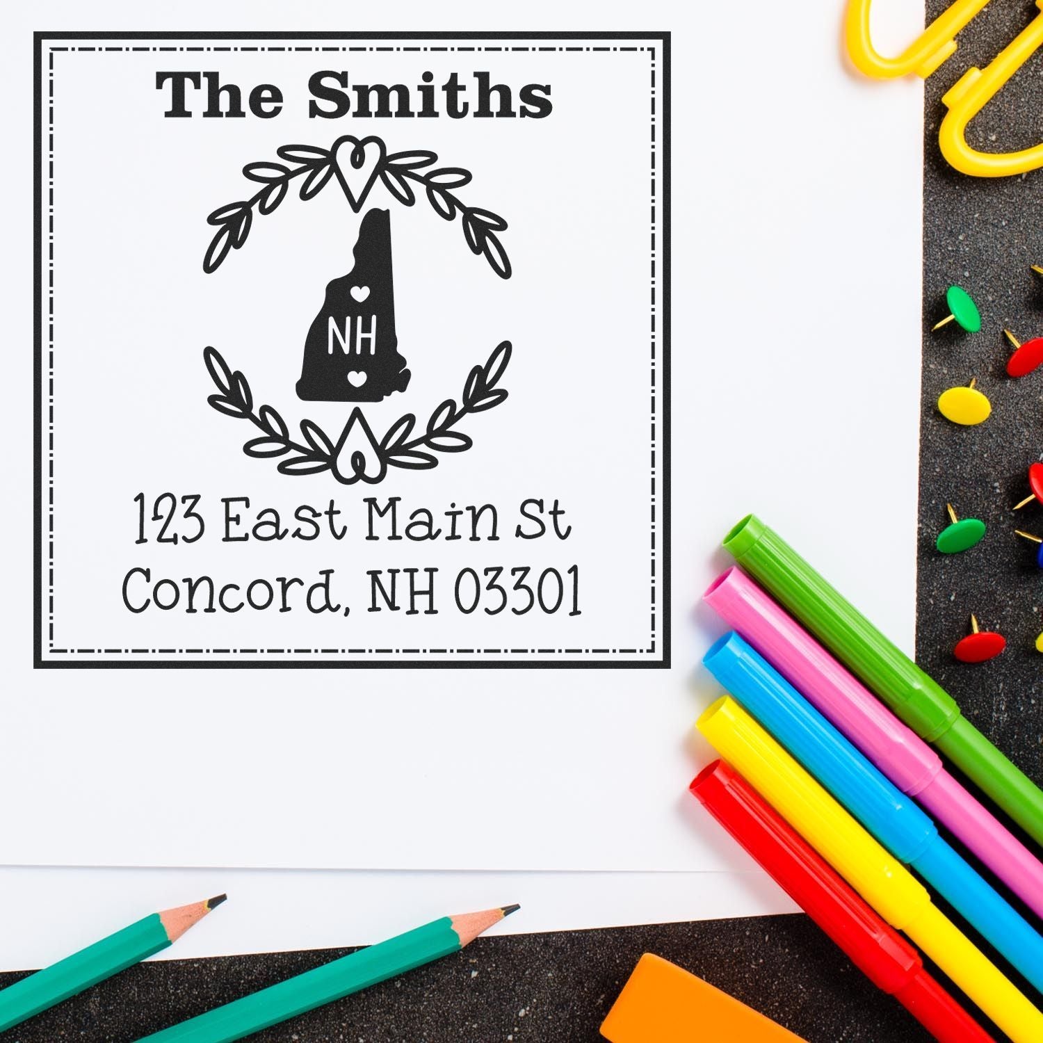 Wood Handle New Hampshire State Wreath Custom-Made Mailing Address Stamper - Engineer Seal Stamps