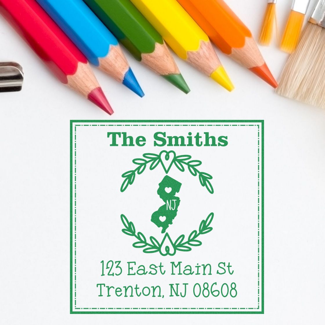 Slim New Jersey State Wreath Personalized Mailing Pre-Inked Stamp - Engineer Seal Stamps