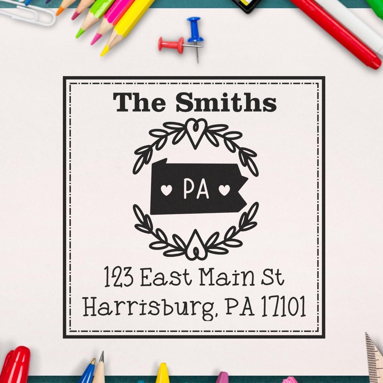 Slim Pennsylvania State Wreath Personalized New Home Address Stamper - Engineer Seal Stamps