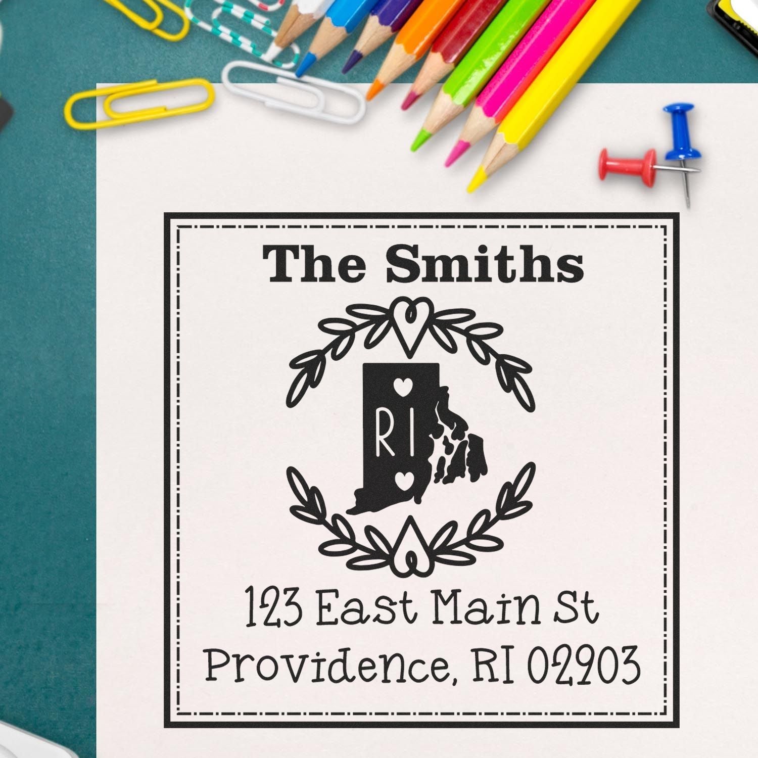 Self-Inking Rhode Island State Wreath Personalized Return Address Stamper - Engineer Seal Stamps