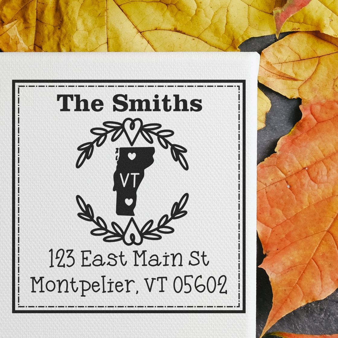 Wood Handle Vermont State Wreath Personalized Address Rubber Stamp - Engineer Seal Stamps