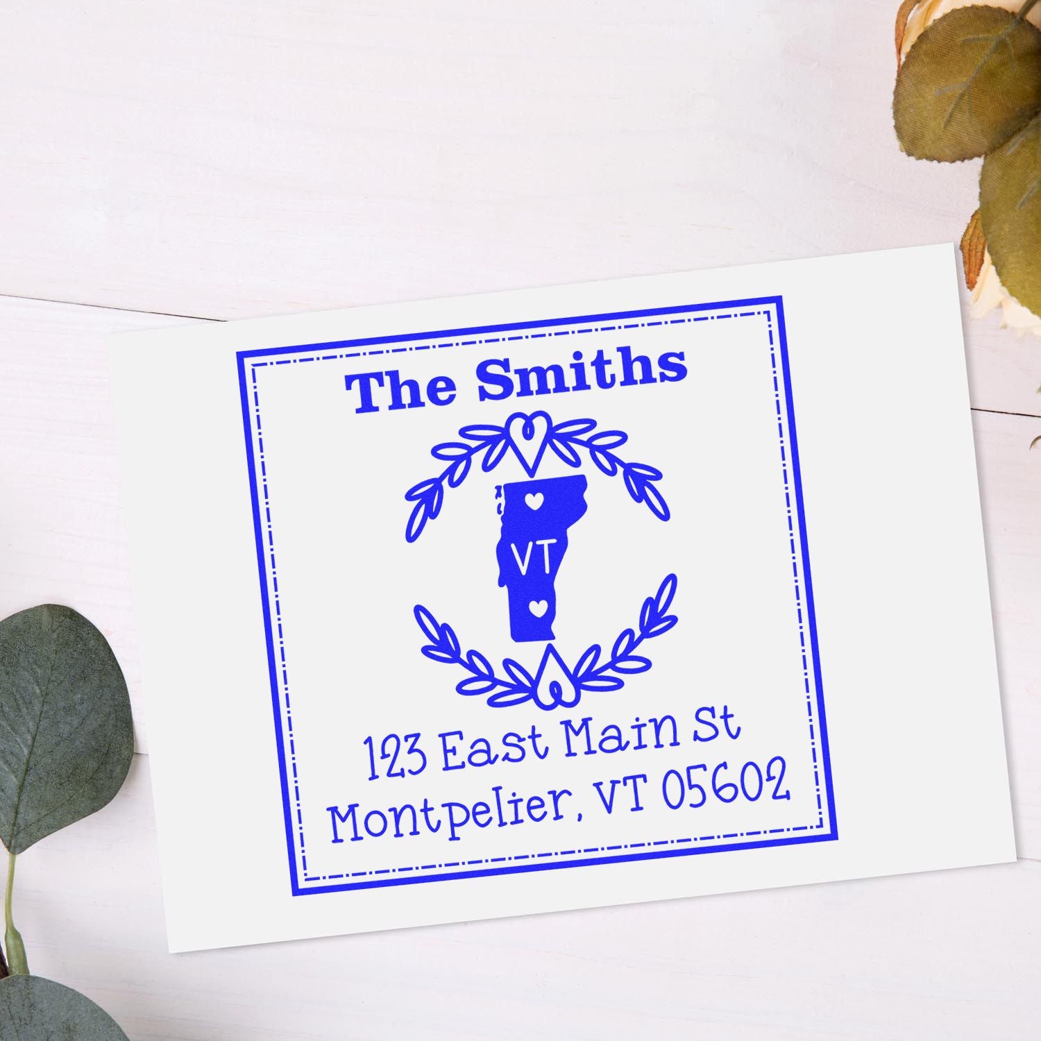 Slim Vermont State Wreath Personalized Mailing Address Pre-Inked Stamp - Engineer Seal Stamps