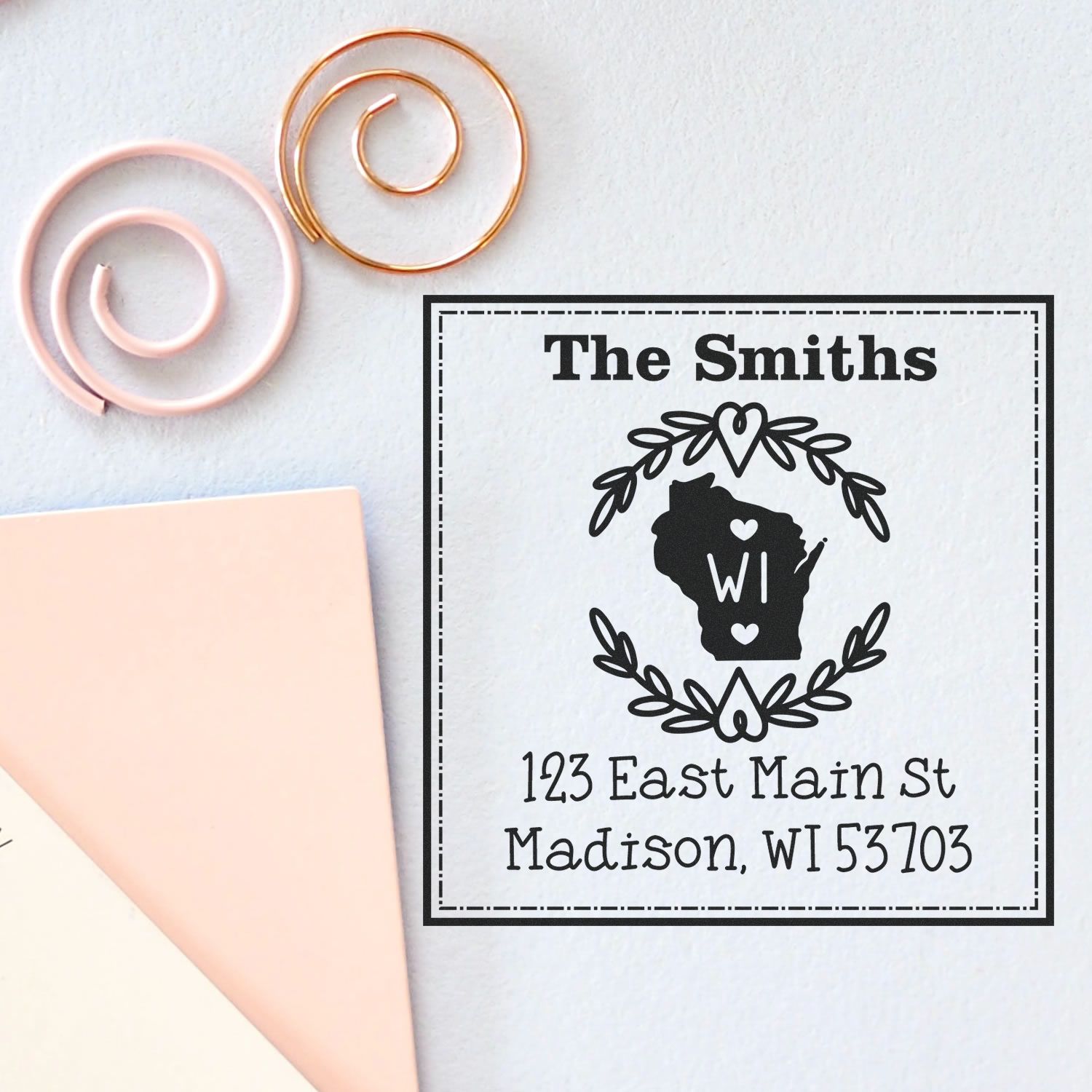 Wood Handle Wisconsin State Wreath Personalized Name and Address Stamp - Engineer Seal Stamps