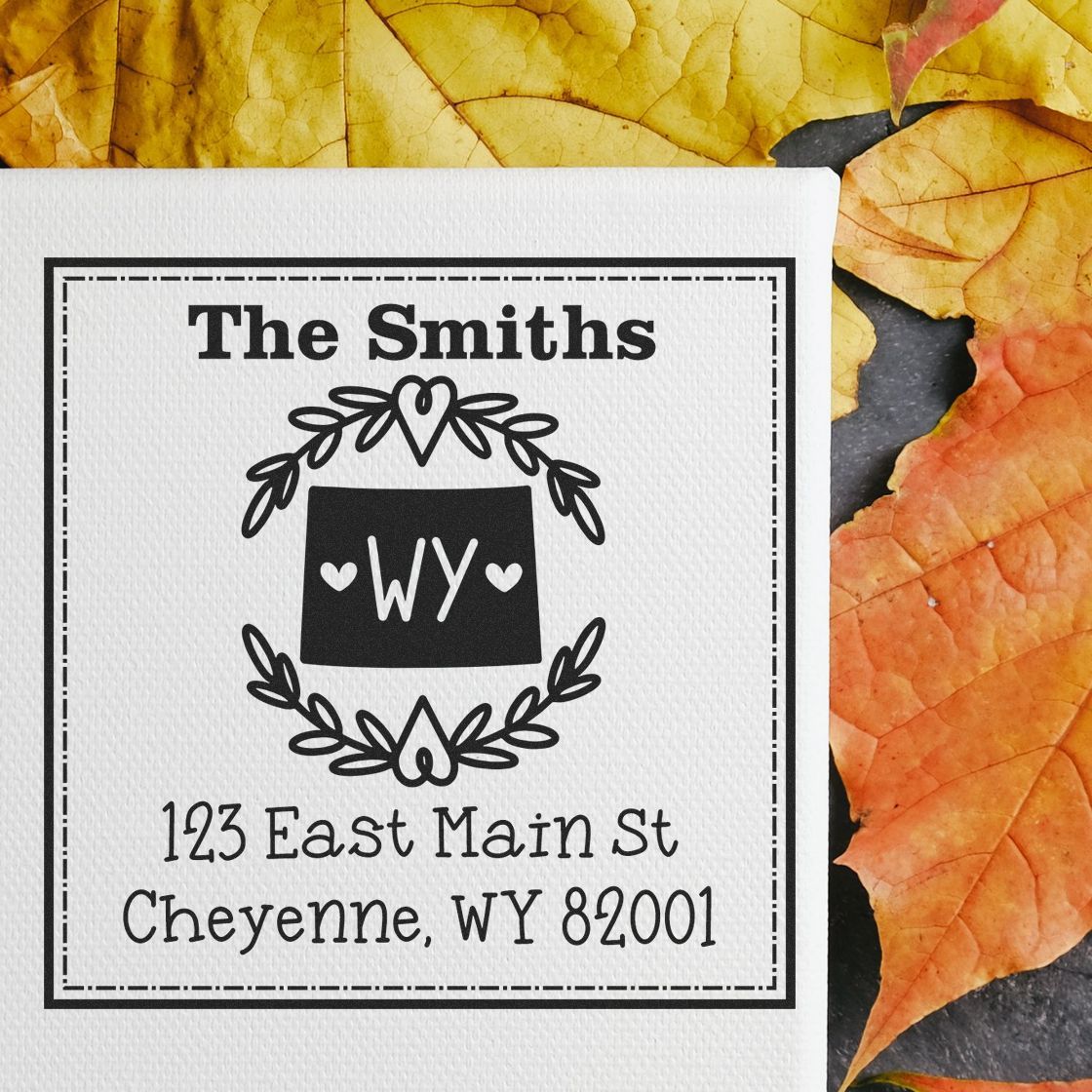 Wood Handle Wyoming State Wreath Personalized Name and Address Stamper - Engineer Seal Stamps