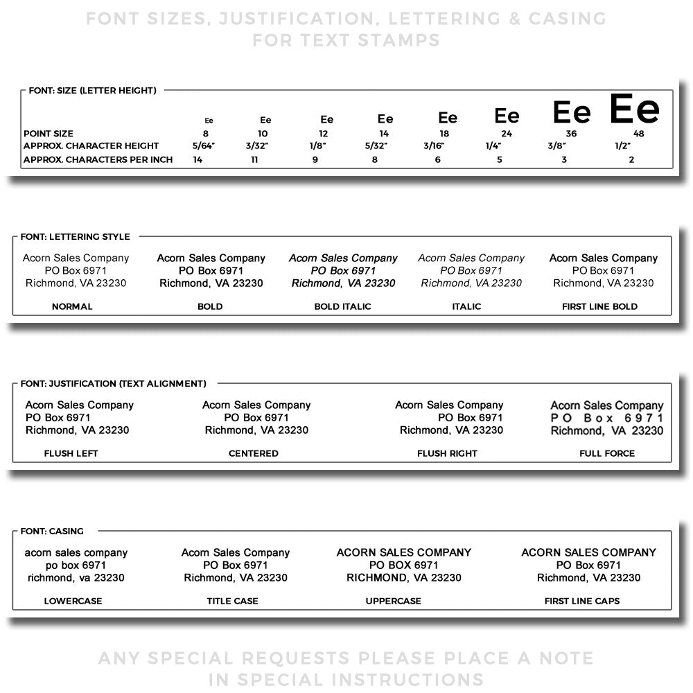Black-and-white guide chart showing font sizes, lettering styles, alignment and casing for text stamps and seals.
