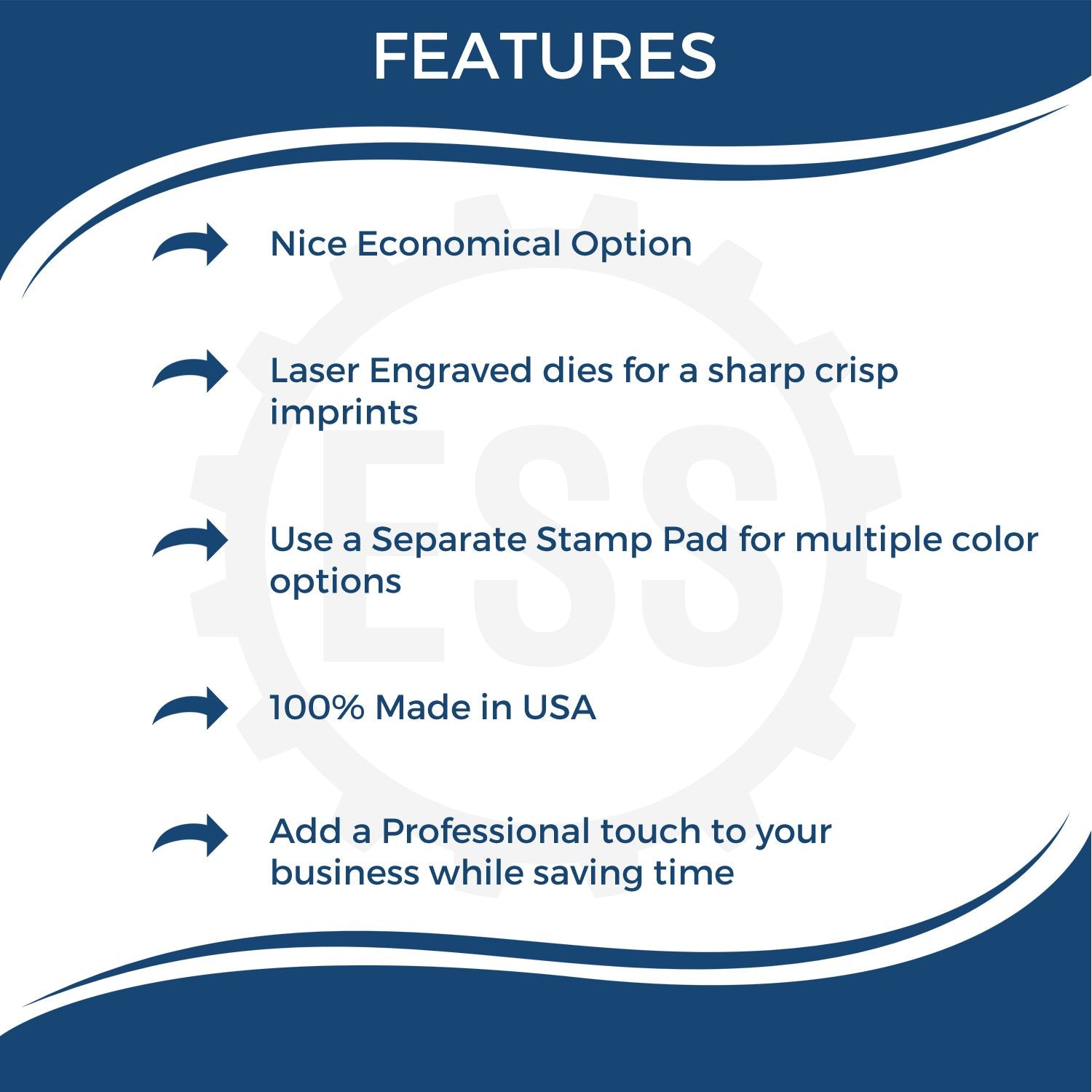 Image showing features of the 14 Line Custom Rubber Stamp with Wood Handle: economical, laser engraved, separate stamp pad, made in USA, professional touch.