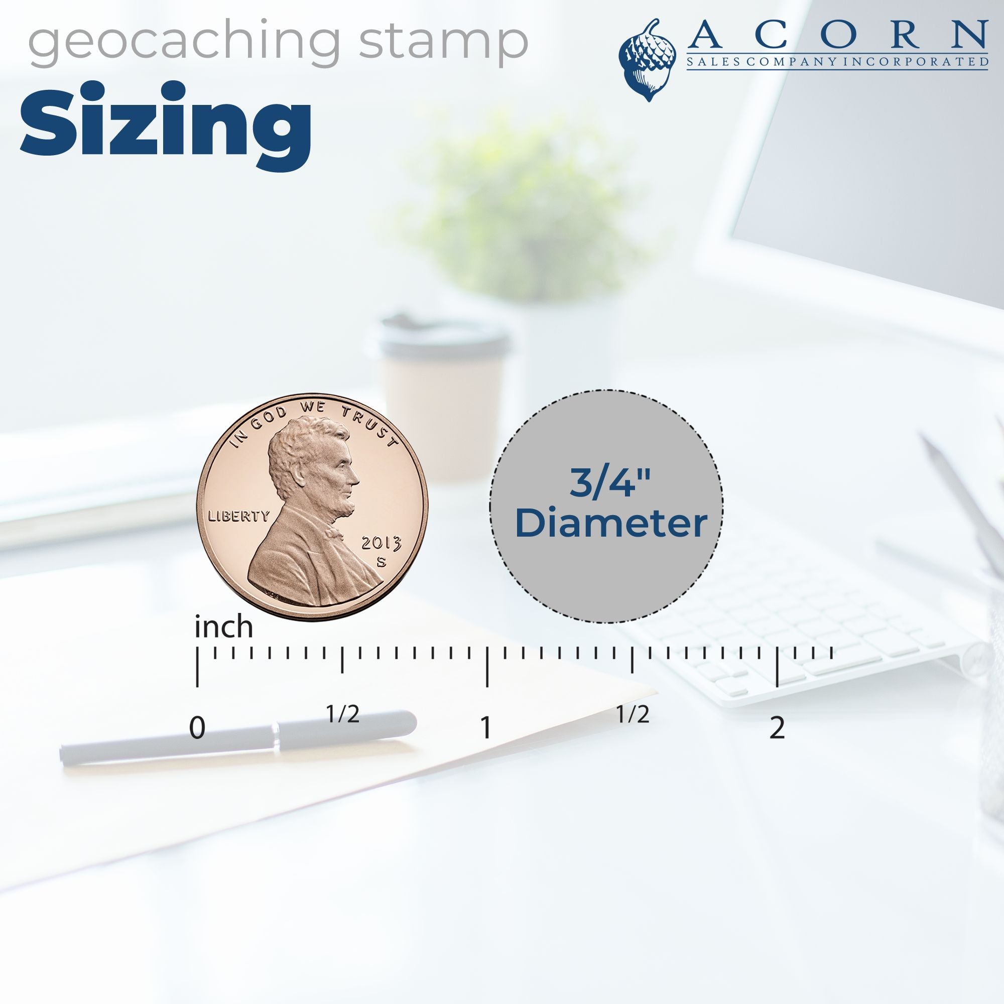 Geocaching stamp and seal sizing graphic with 3/4-inch diameter, blue-gray text, coin reference, on a white background.