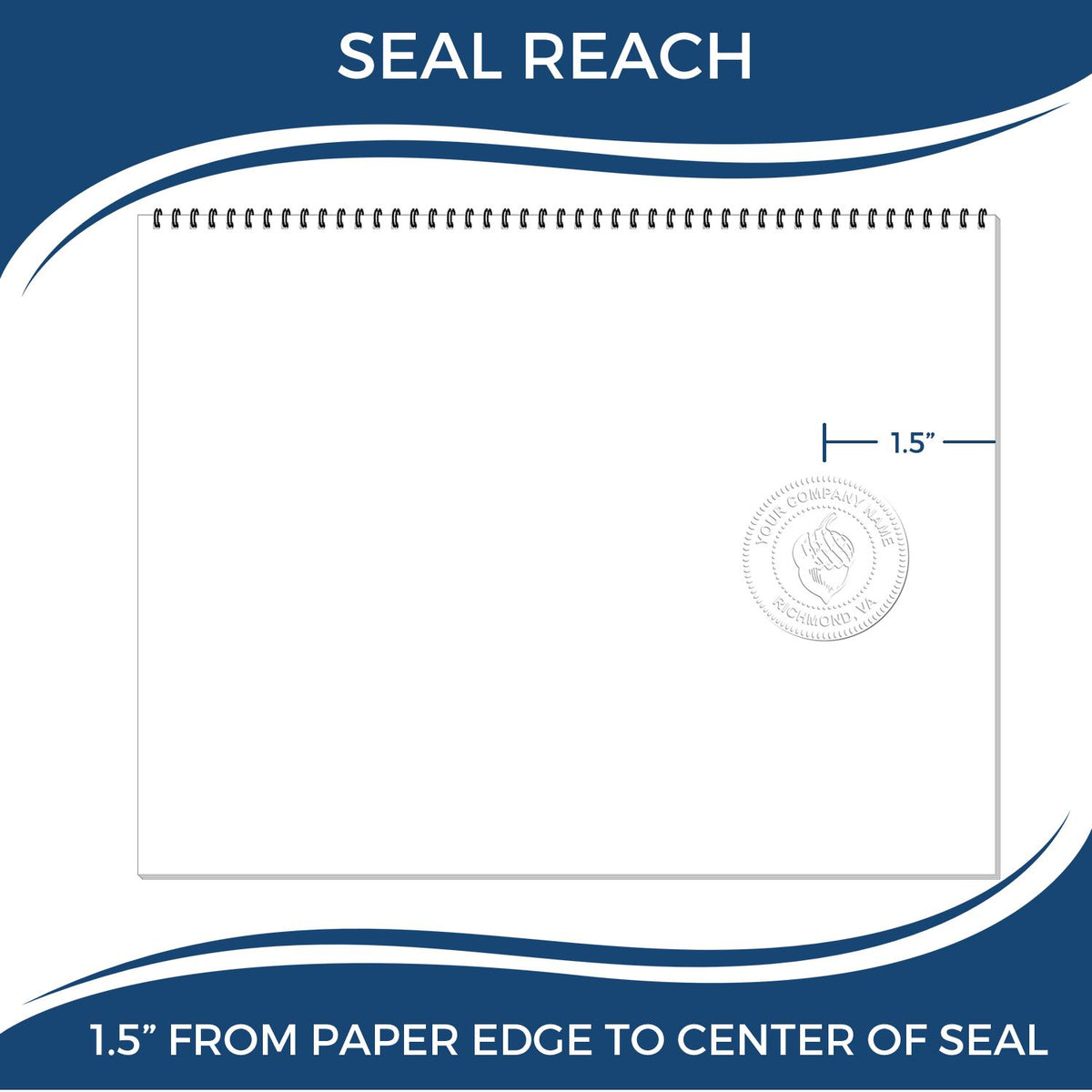 Blue and white stamp and seal product layout showing a spiral-bound page with embossed seal placement 1.5 inches from edge.