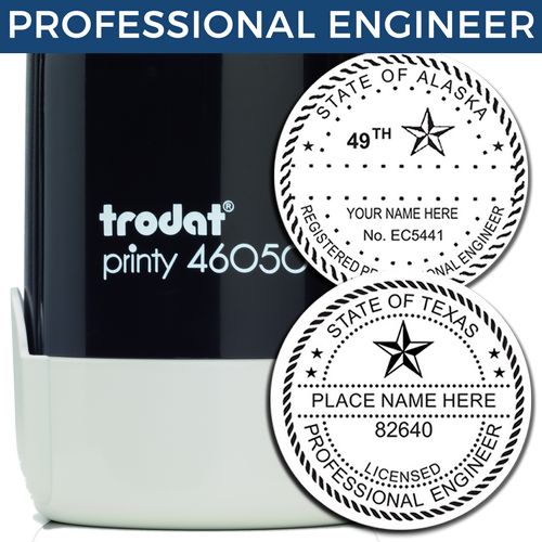 Professional engineer self-inking stamp and seal set with Trodat Printy 46050, featuring customizable Alaska and Texas state seal designs.