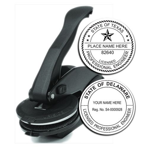 Custom professional engineer embosser seal with black handheld press and Texas and Delaware state seal examples for licensed engineering documents