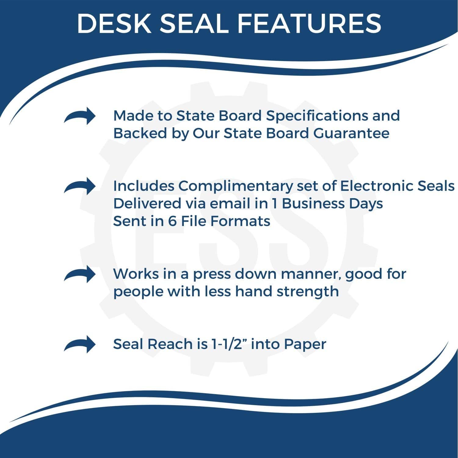 Image showing features of the Engineering Geologist Desk Seal Embosser: made to state board specifications, includes complimentary electronic seals, works in a press down manner, and has a 1-1/2 seal reach.