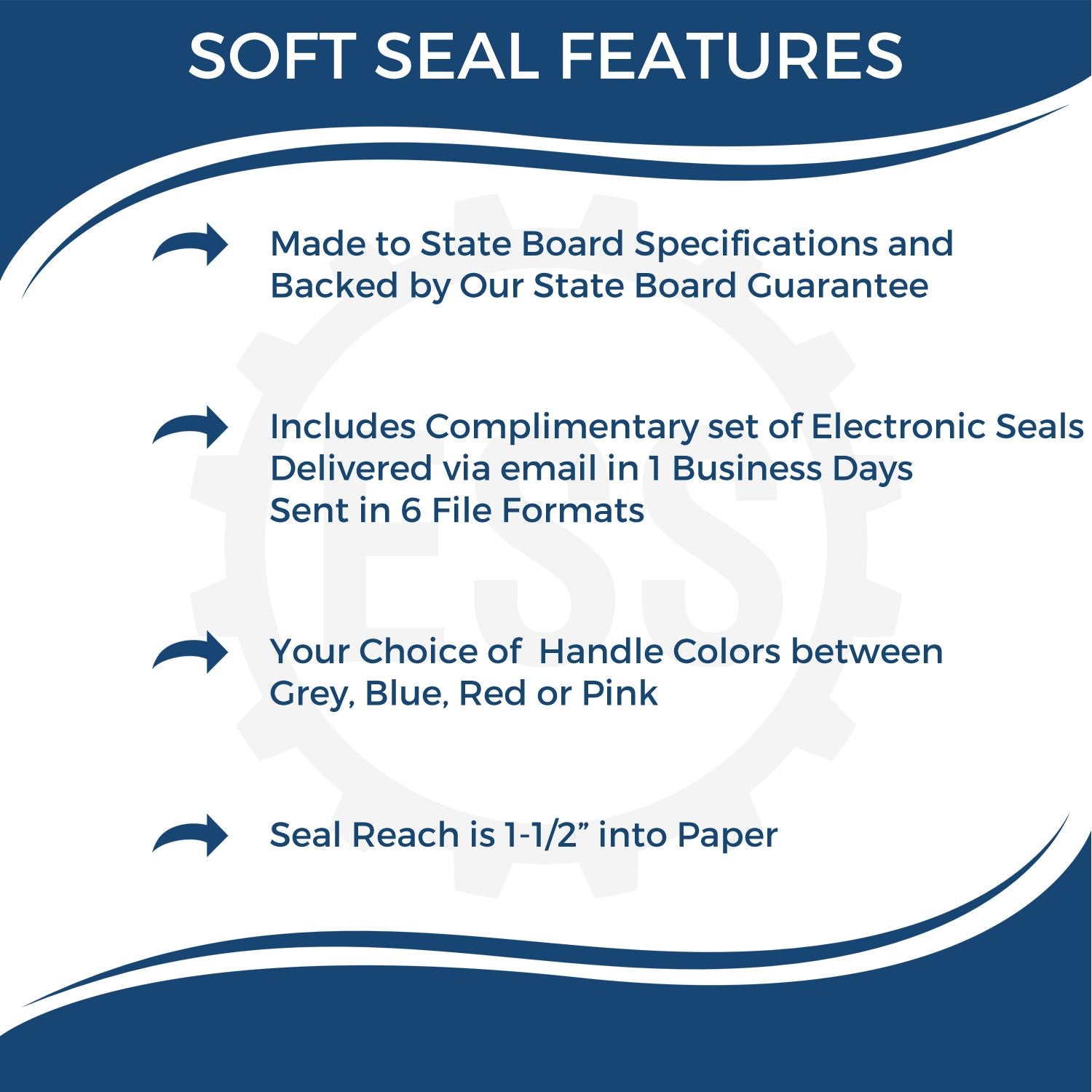 Blue and white stamp and soft seal features: state board guaranteed, electronic seals, color handle options, 1½-inch paper reach.