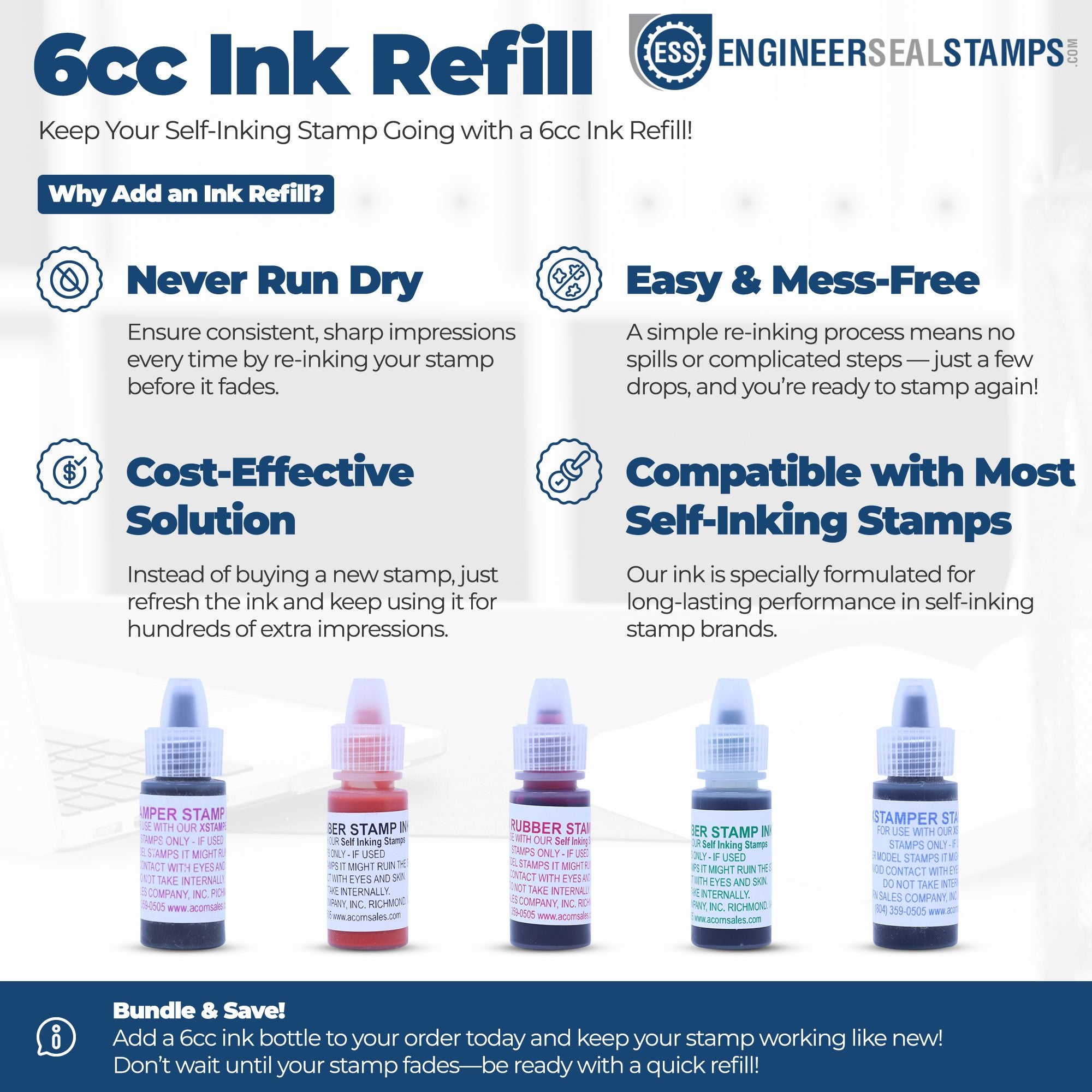 6cc self-inking stamp and seal ink refill in blue branding, with colored ink bottles and refill benefits