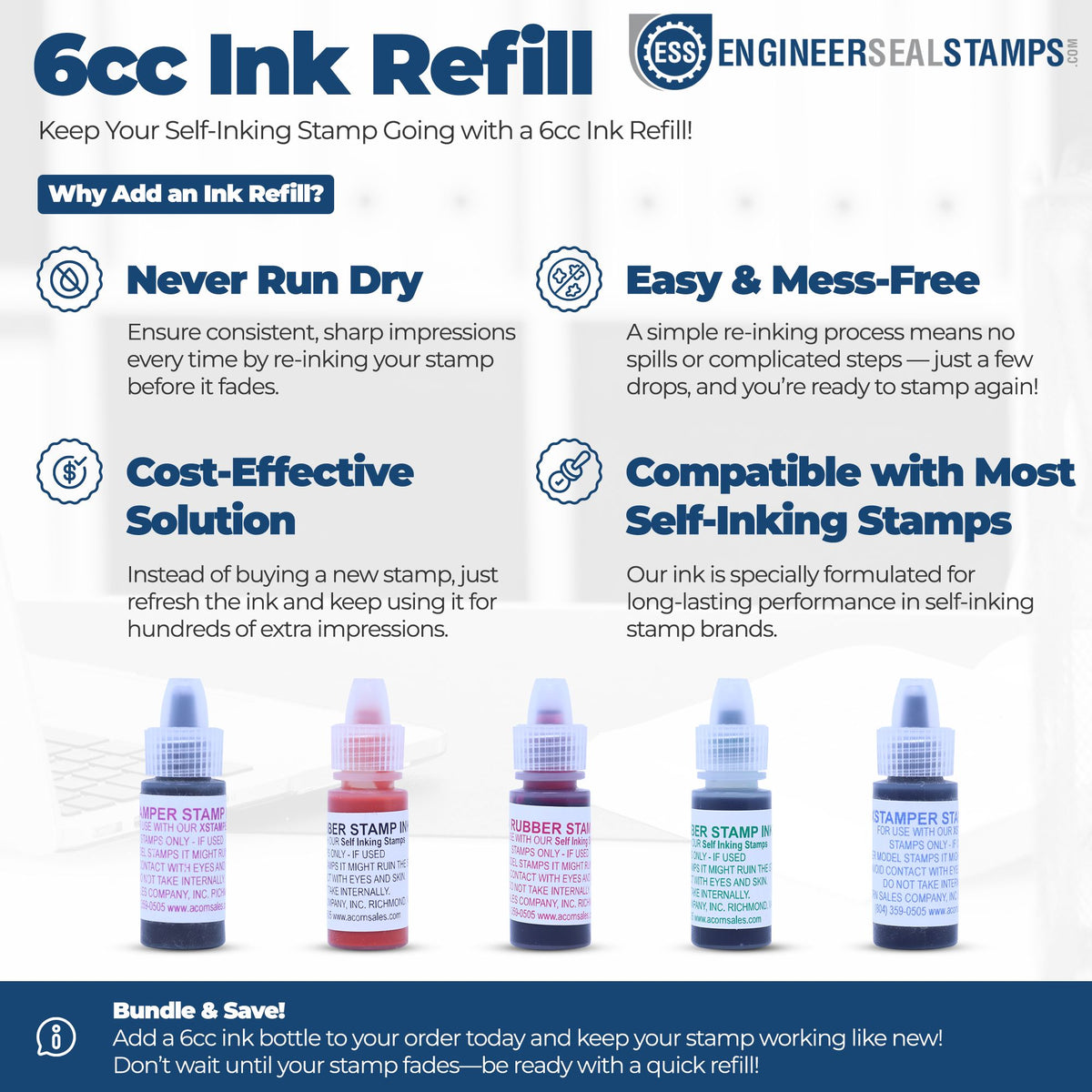 Blue 6cc self-inking stamp ink refill ad with five refill bottles and stamp-and-seal compatibility details