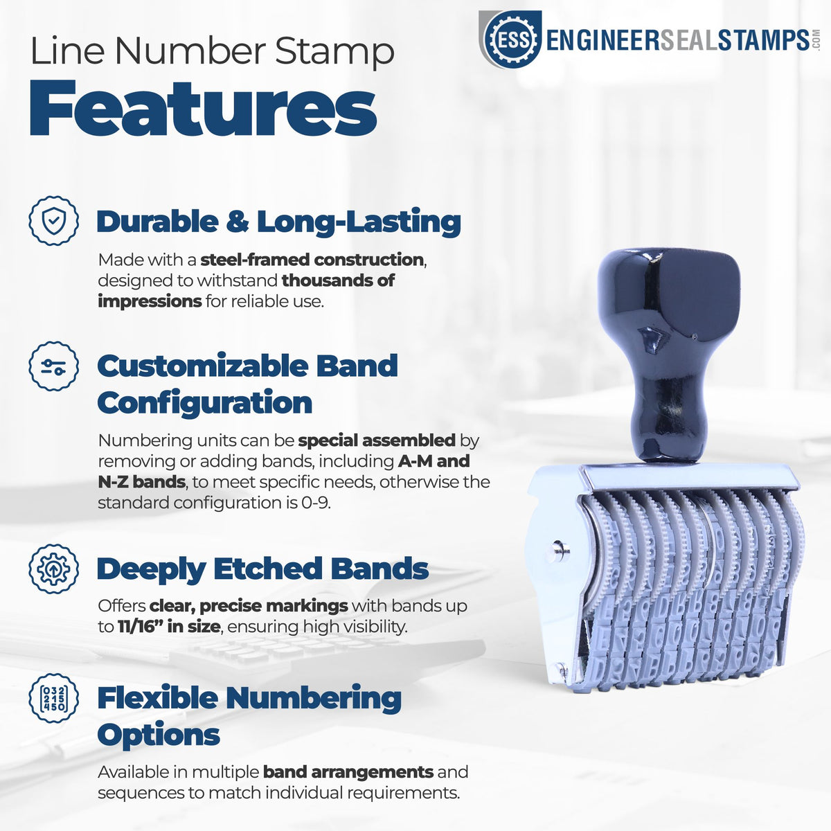 Blue line number stamp with steel frame, adjustable number bands, and deep-etched markings for durable sealing.
