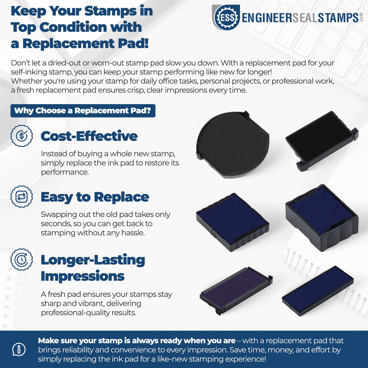 Blue-and-black stamp and seal replacement pad infographic showing self-inking pads, easy swaps, and longer-lasting impressions.
